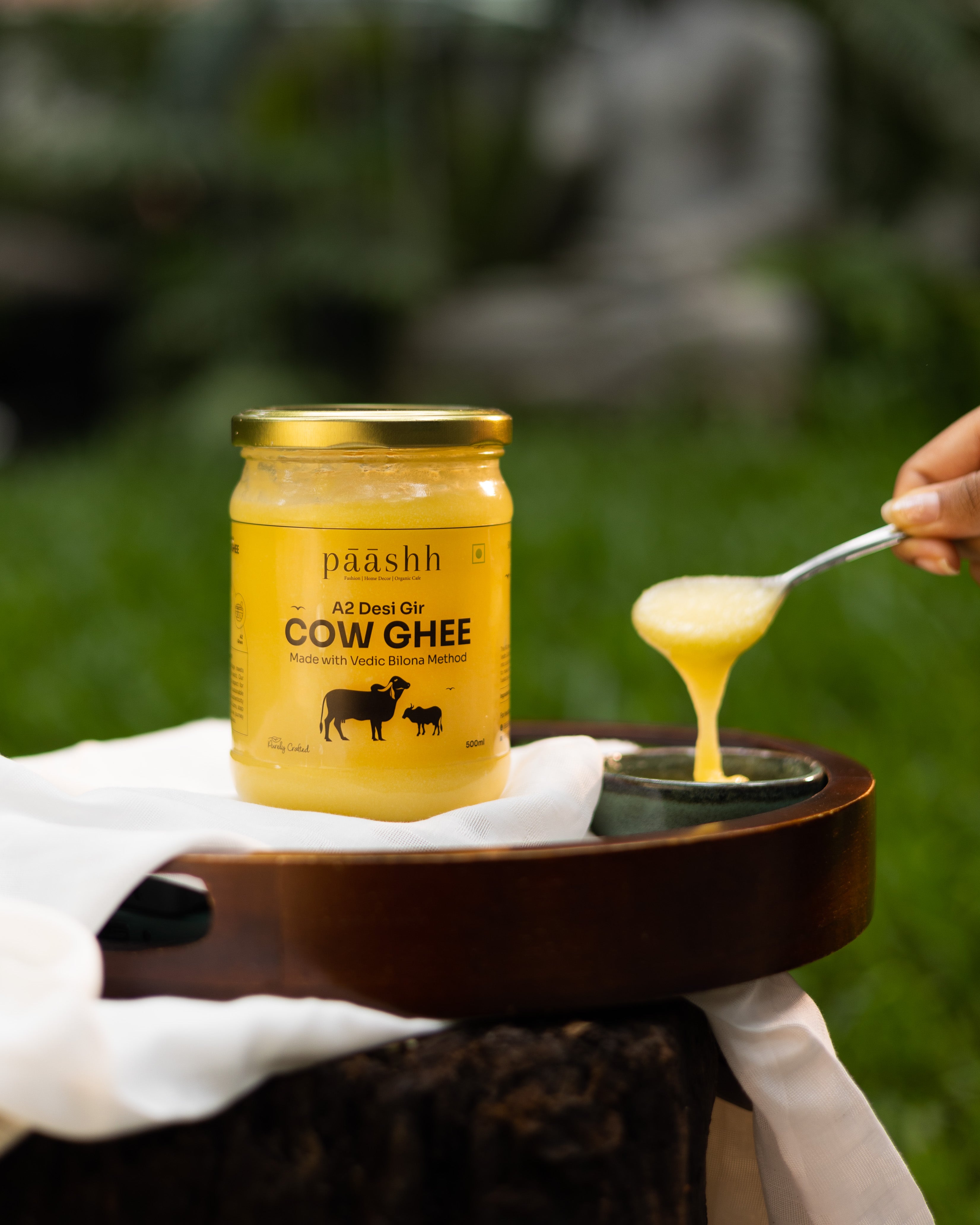 Jar of Paashh A2 desi Gir cow ghee, organic kitchen ingredients, Organic ghee shop online