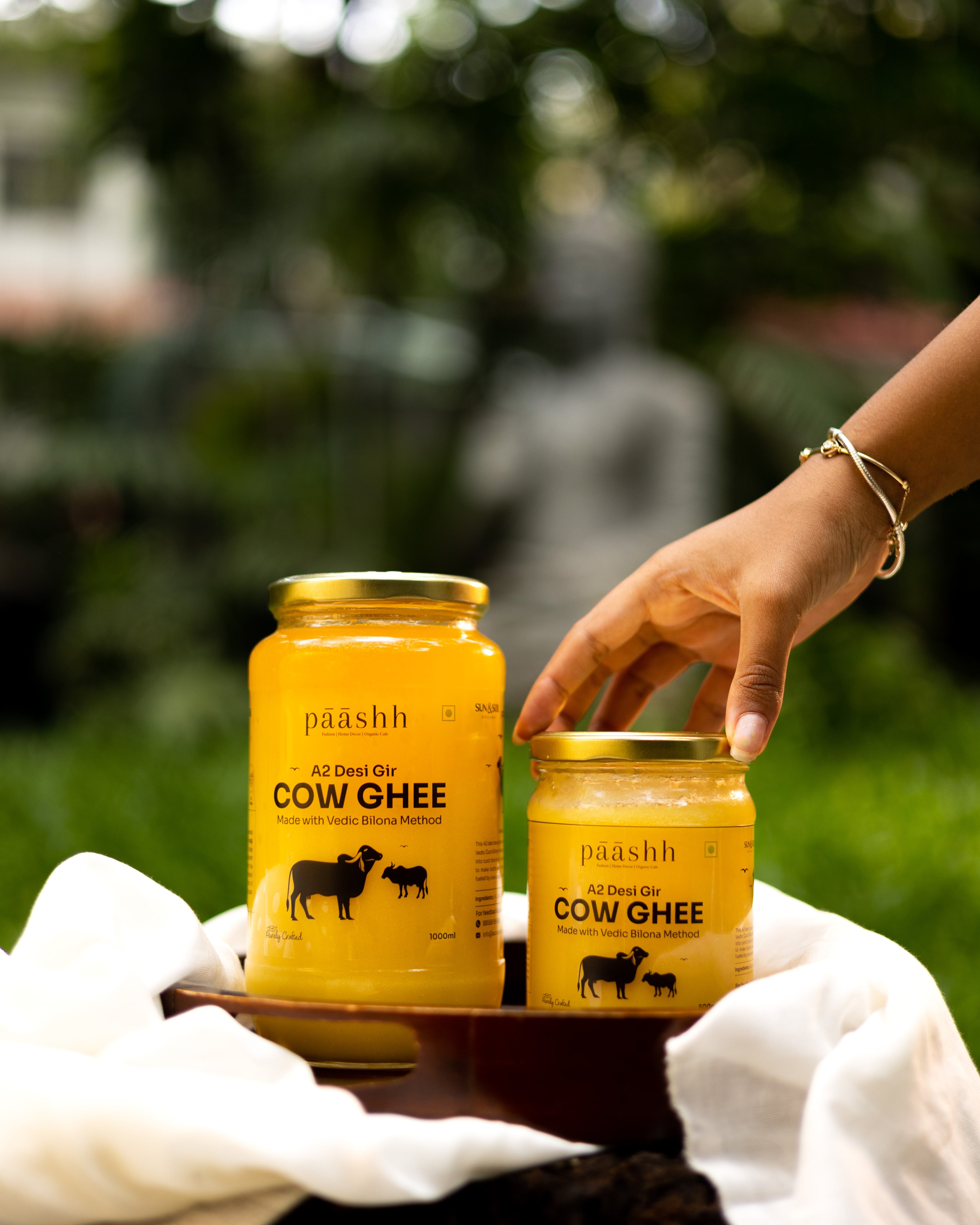 Jar of Paashh A2 desi Gir cow ghee, organic kitchen ingredients, Organic ghee shop online