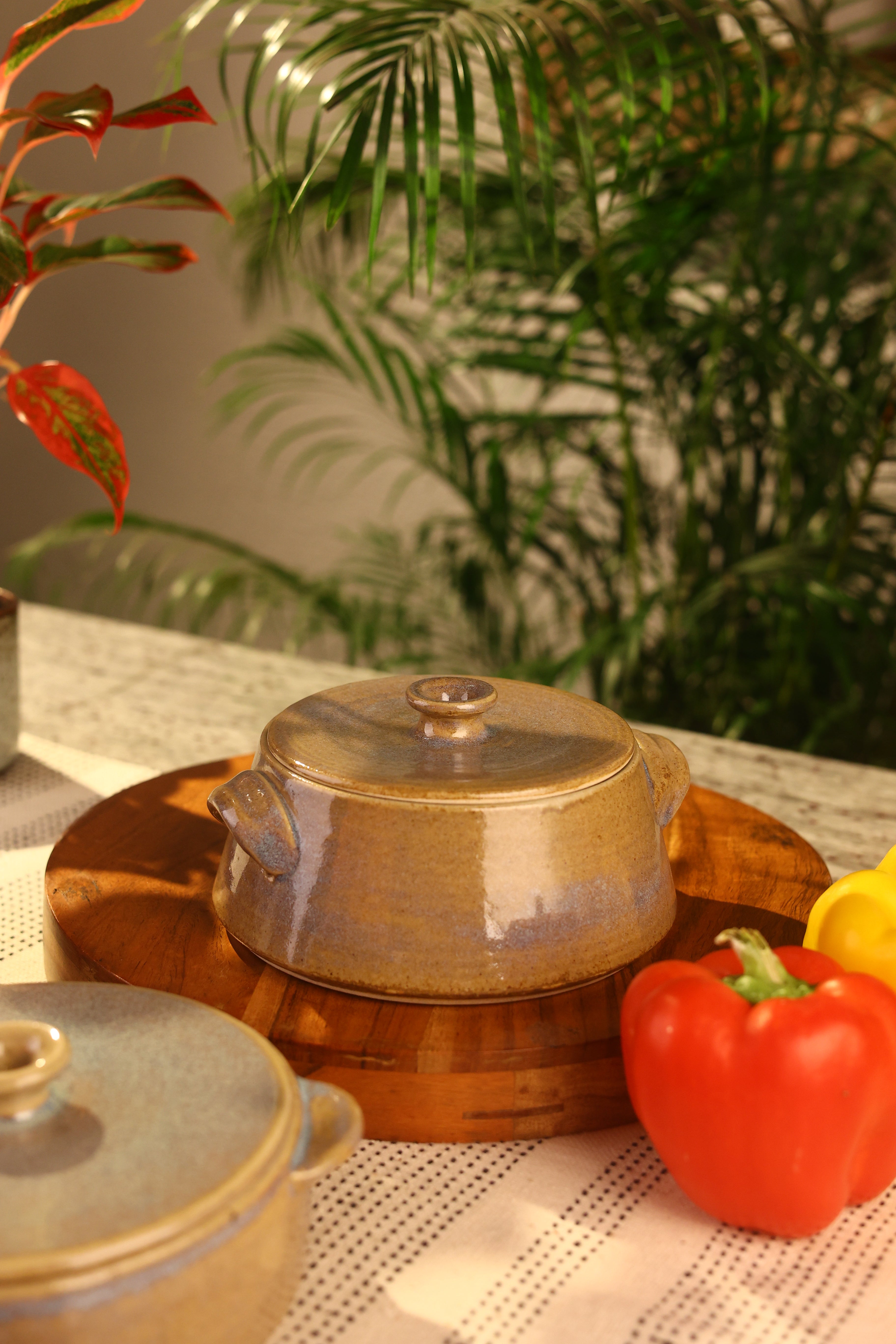 A mustard pot with lid on a brown board, artisanal serveware India,
handcrafted plates and bowls