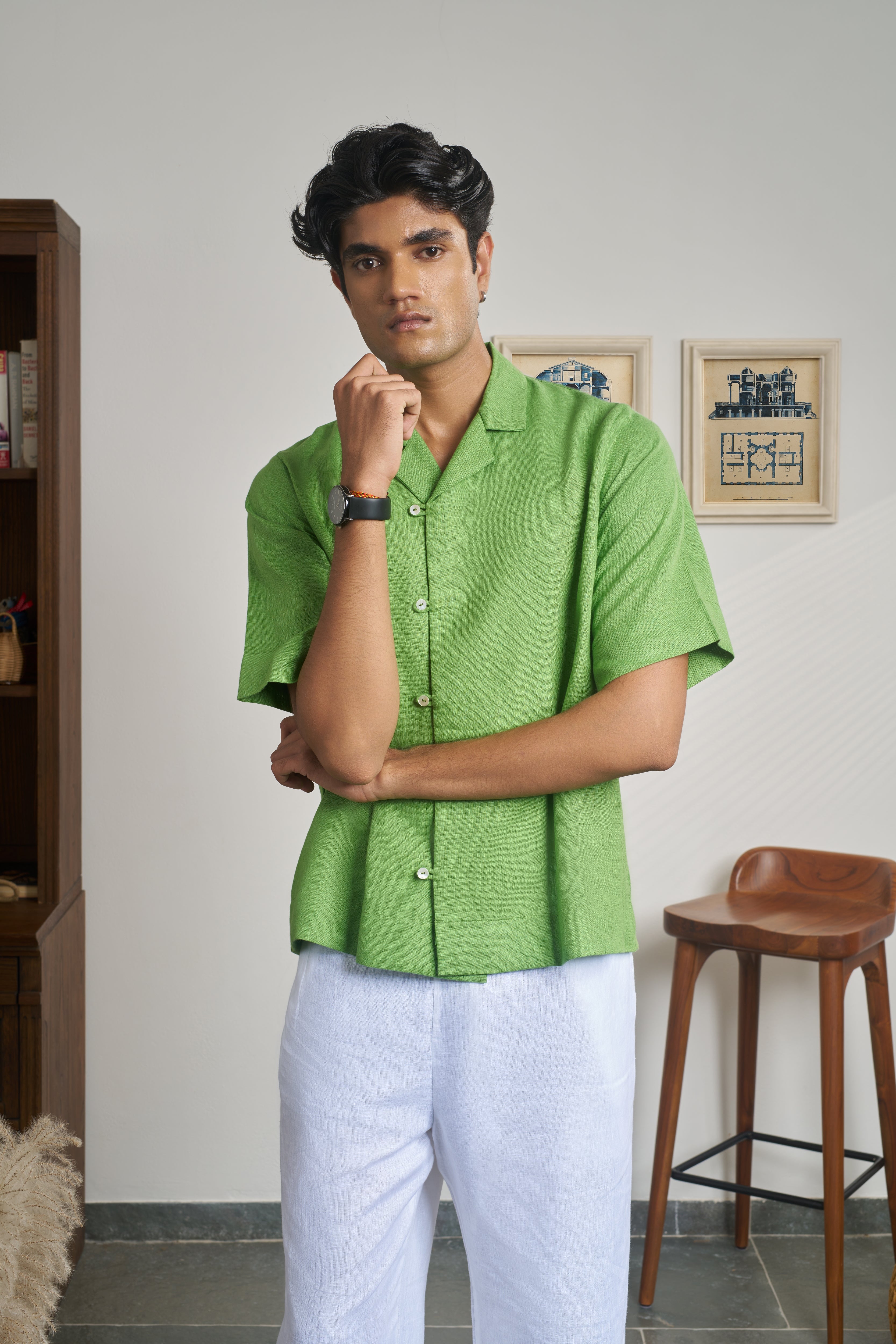 Man wearing a green shirt with short sleeves. men’s resort wear India,
breathable linen shirts India