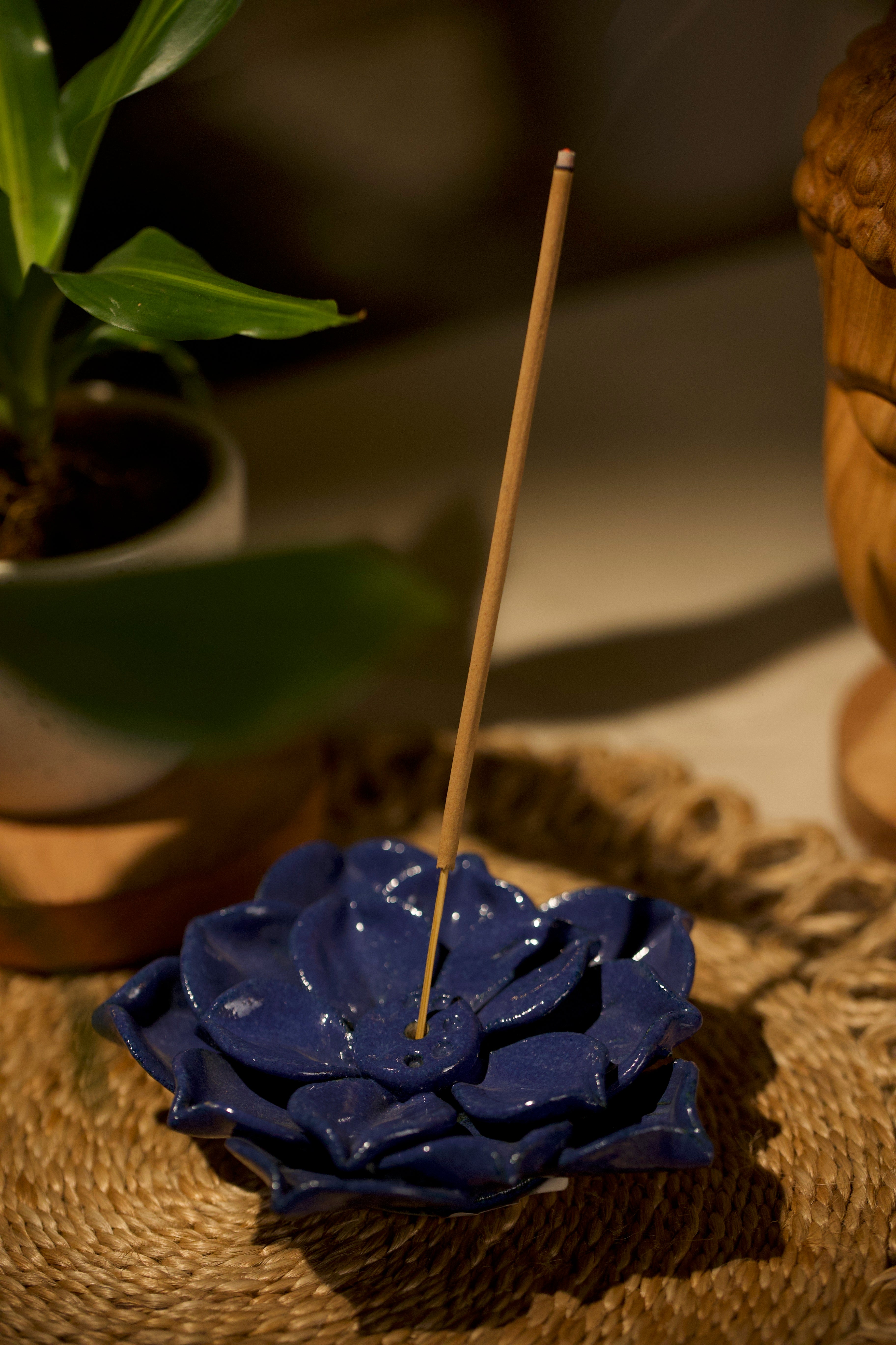 A navy lotus incense holder. ceramic home décor online, artisanal home décor India