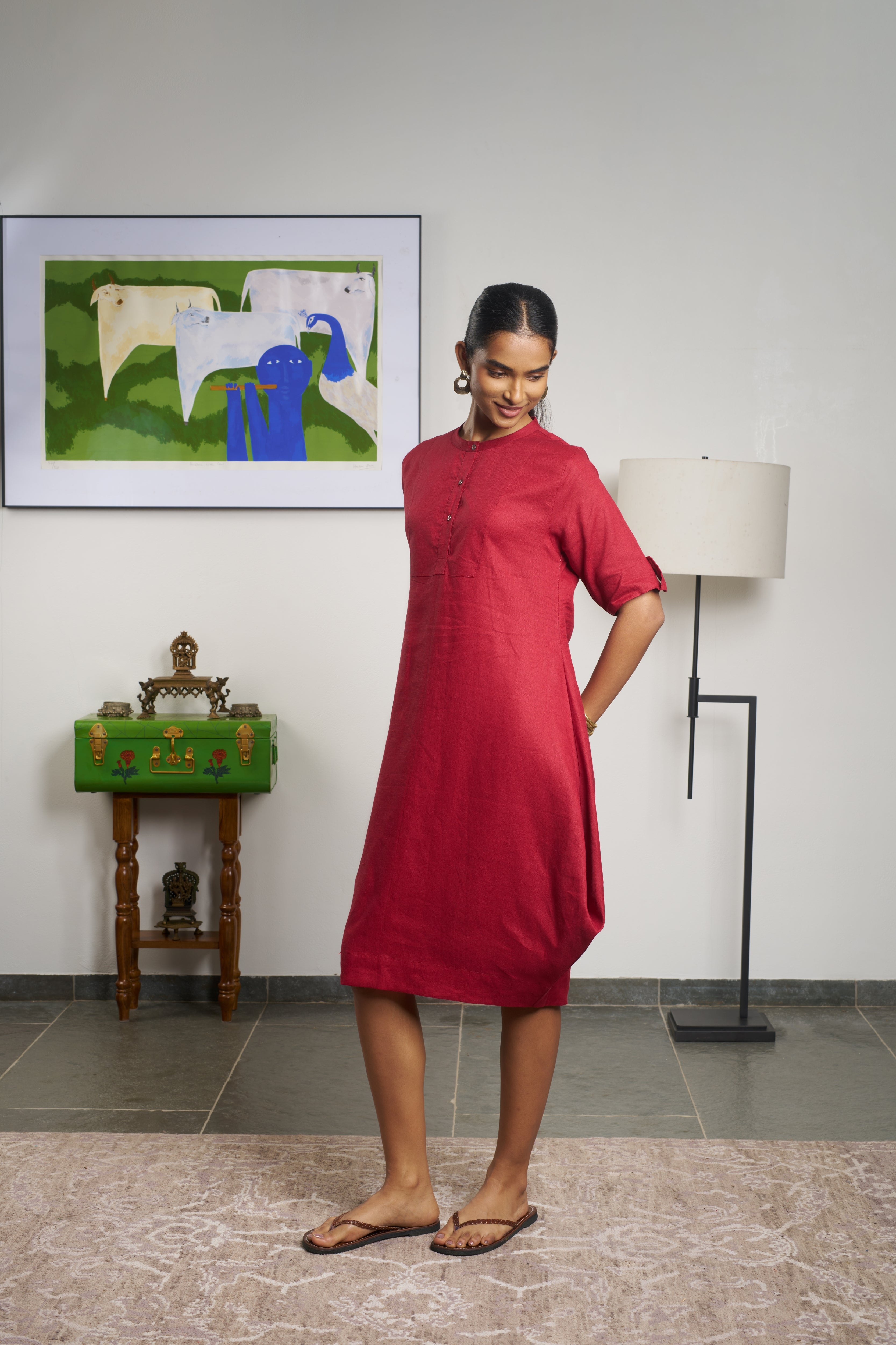 Woman in a red dress. linen dresses shop online, everyday sustainable fashion India