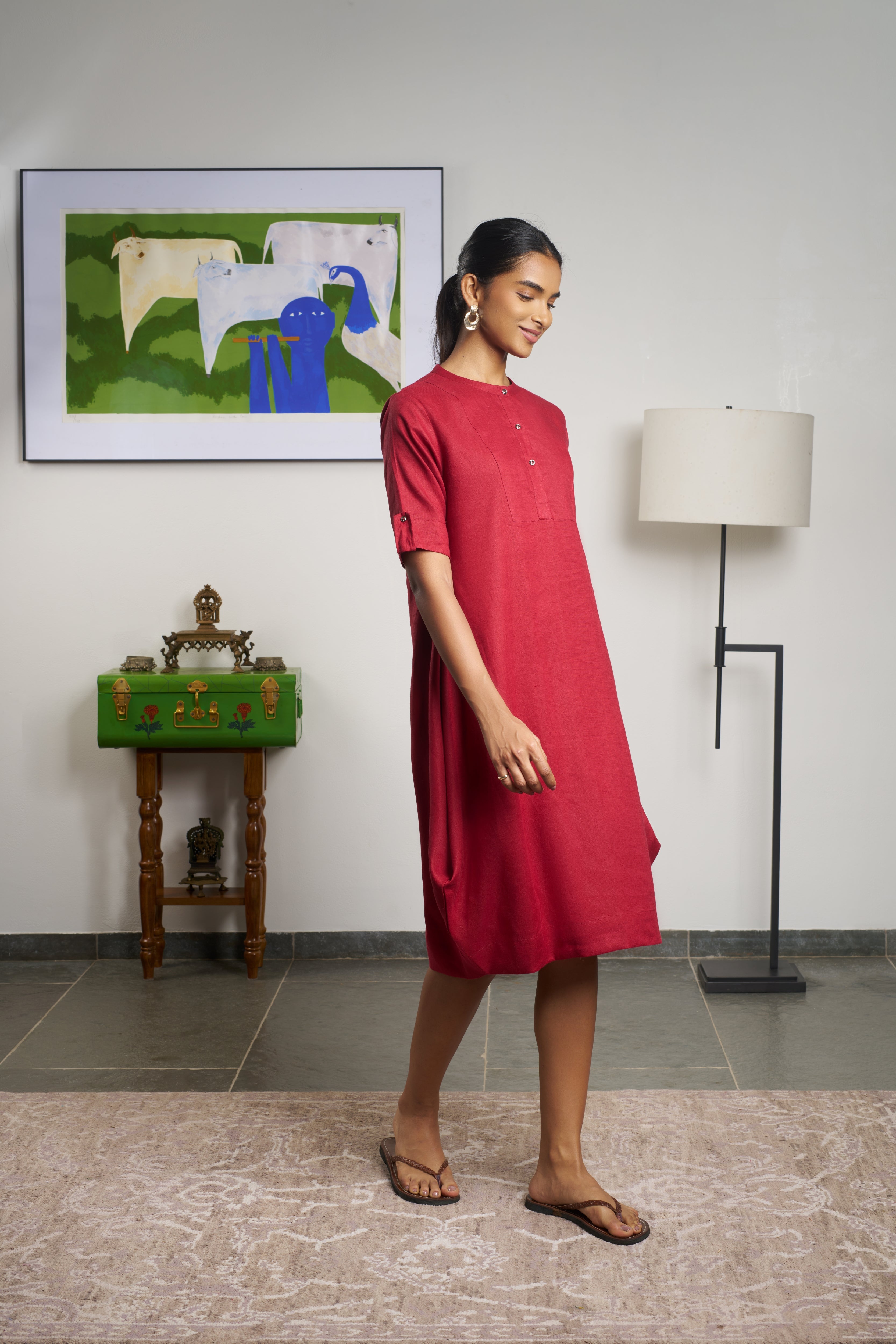 Woman in a red dress. linen dresses shop online, everyday sustainable fashion India