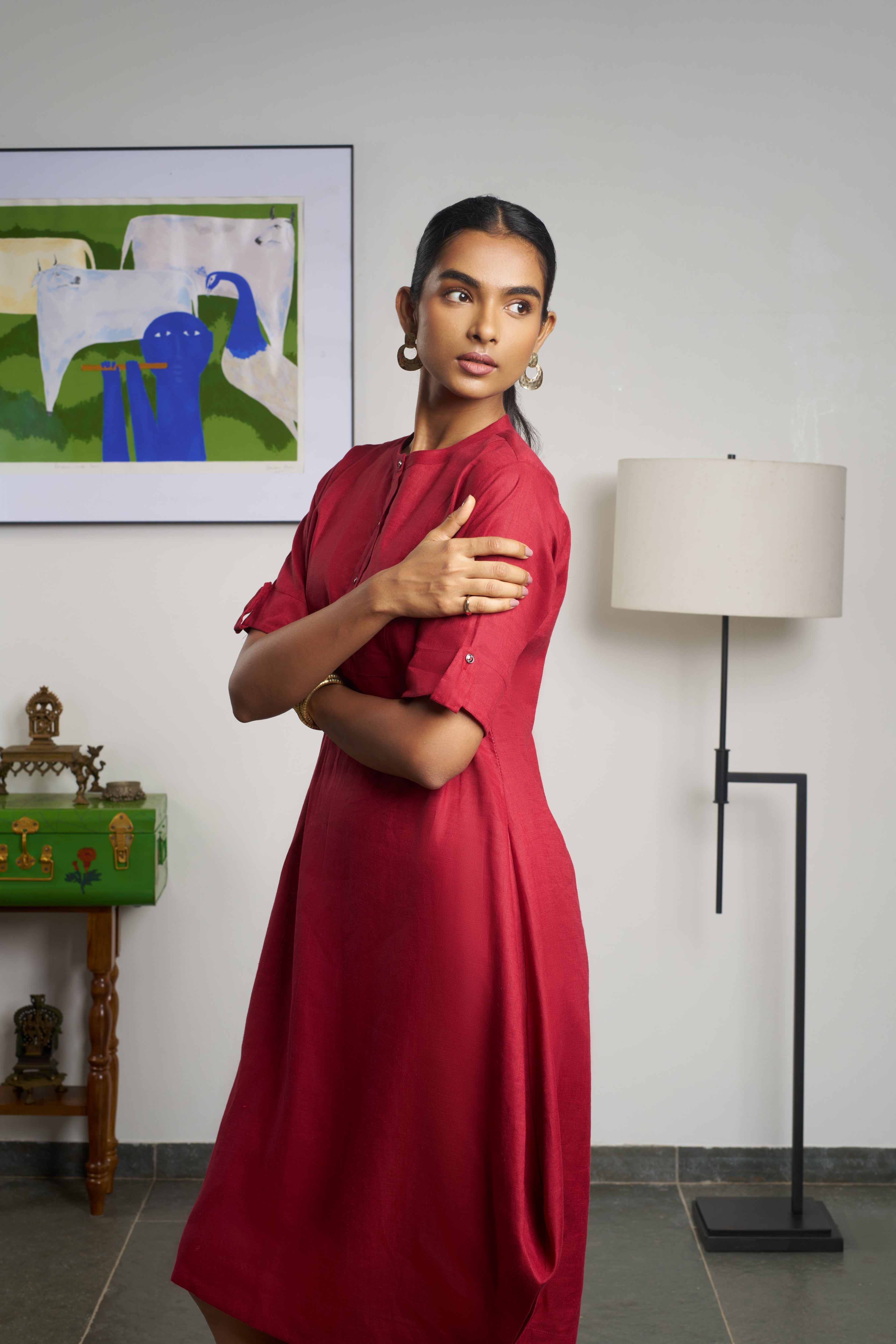 Woman in a red dress. linen dresses shop online, everyday sustainable fashion India