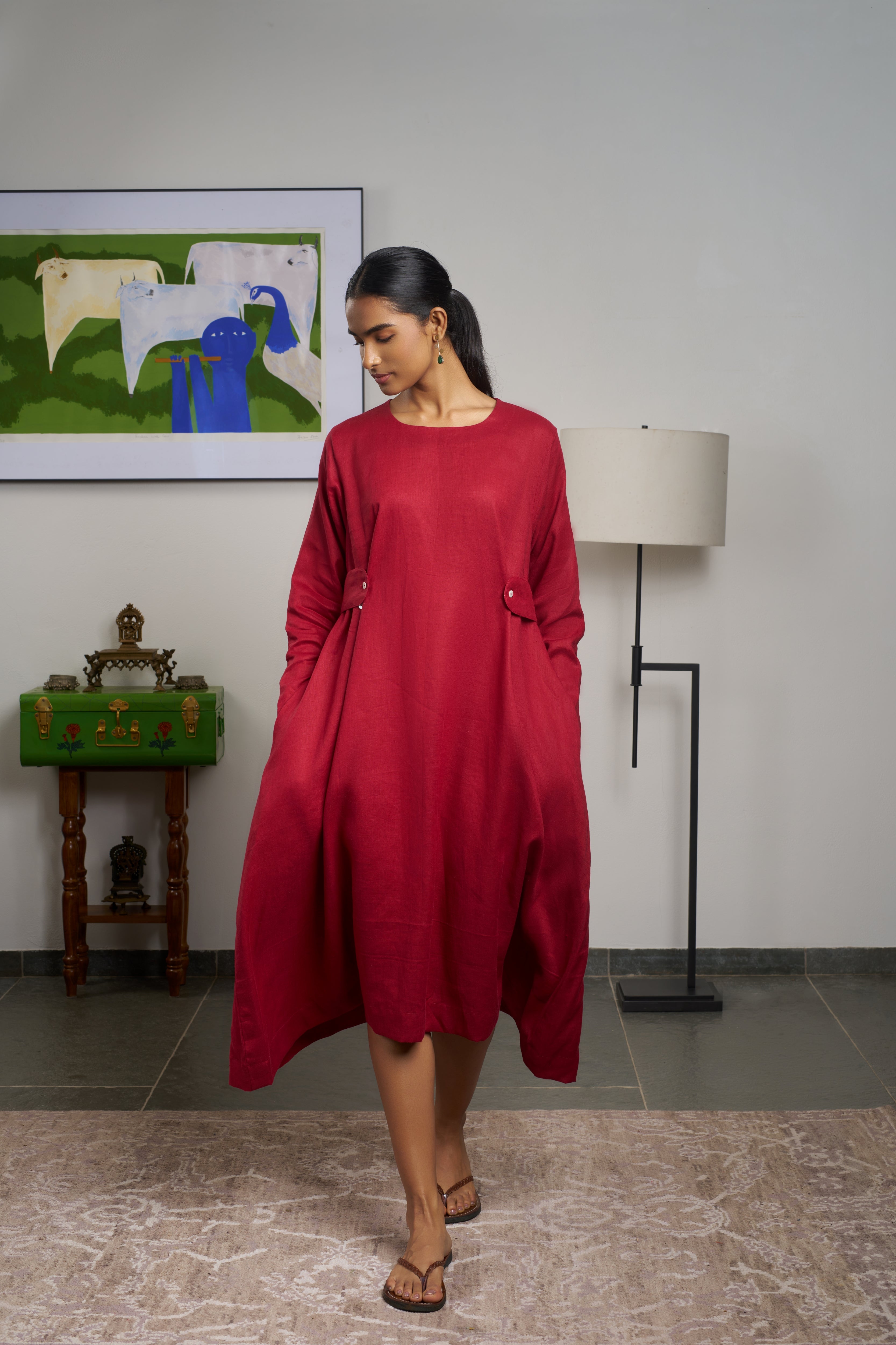 Woman in a red dress. linen dresses for women India, comfortable linen dresses India