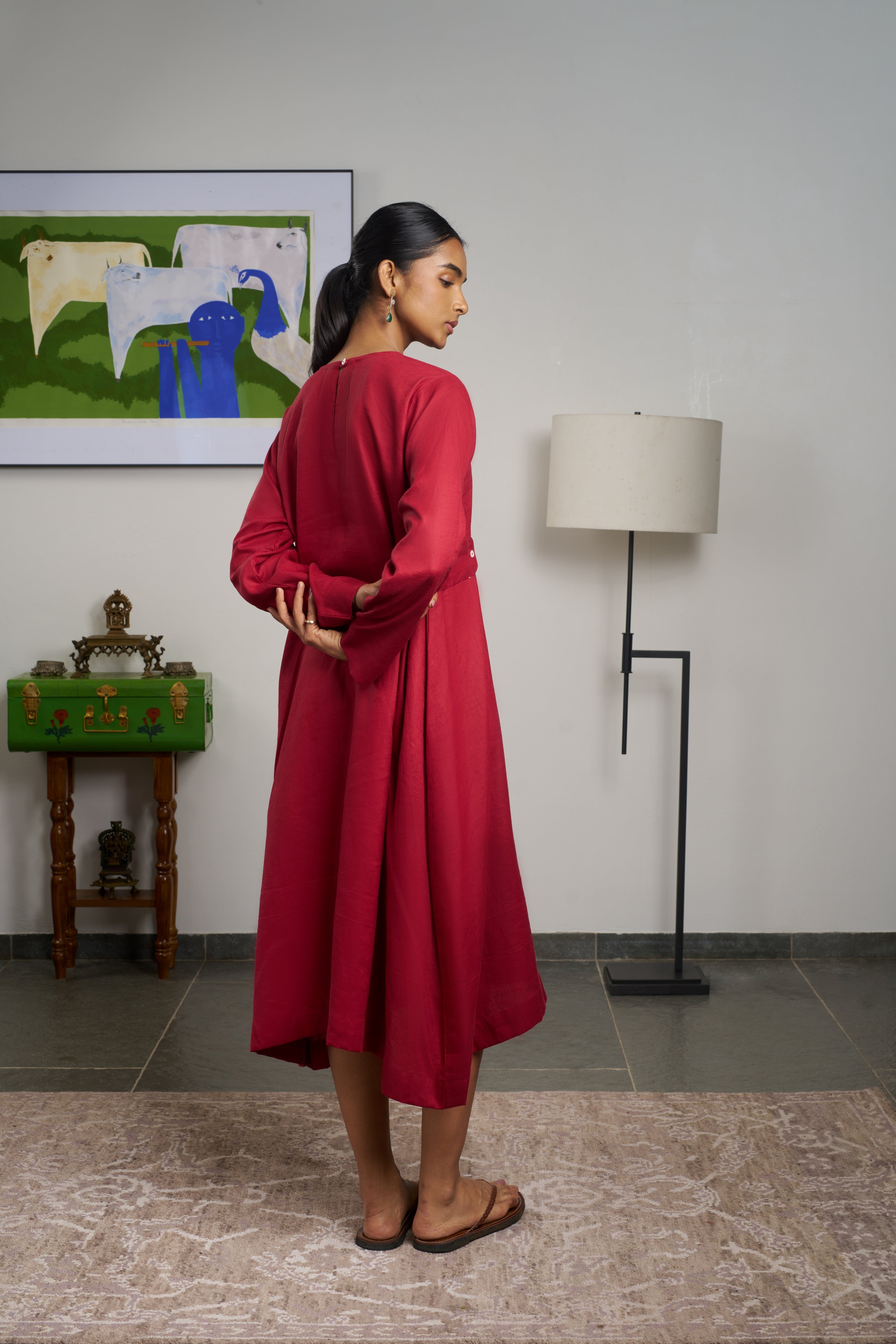 Woman in a red dress. linen dresses for women India, comfortable linen dresses India