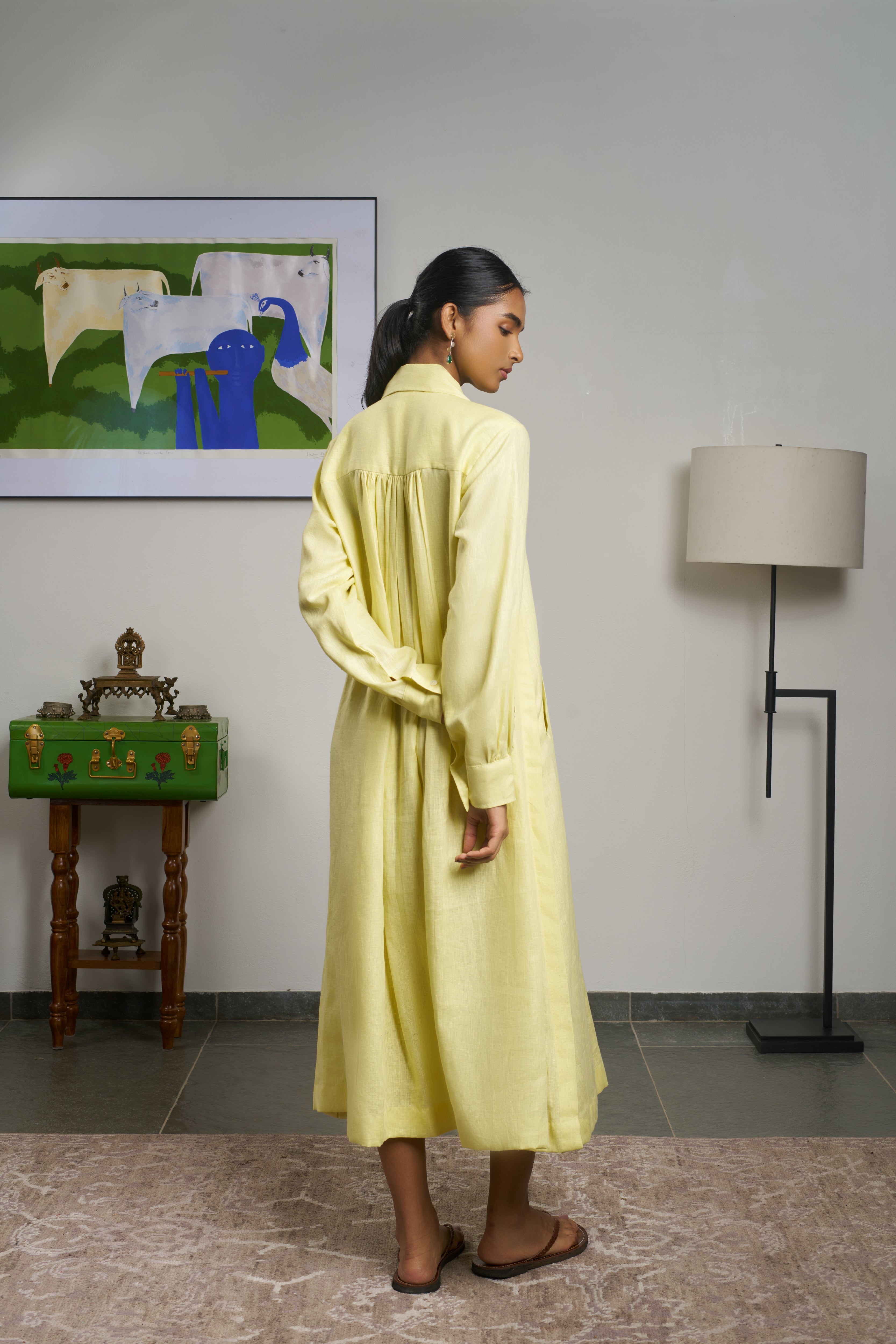 Woman in a yellow dress. linen dresses for women India, comfortable linen dresses India