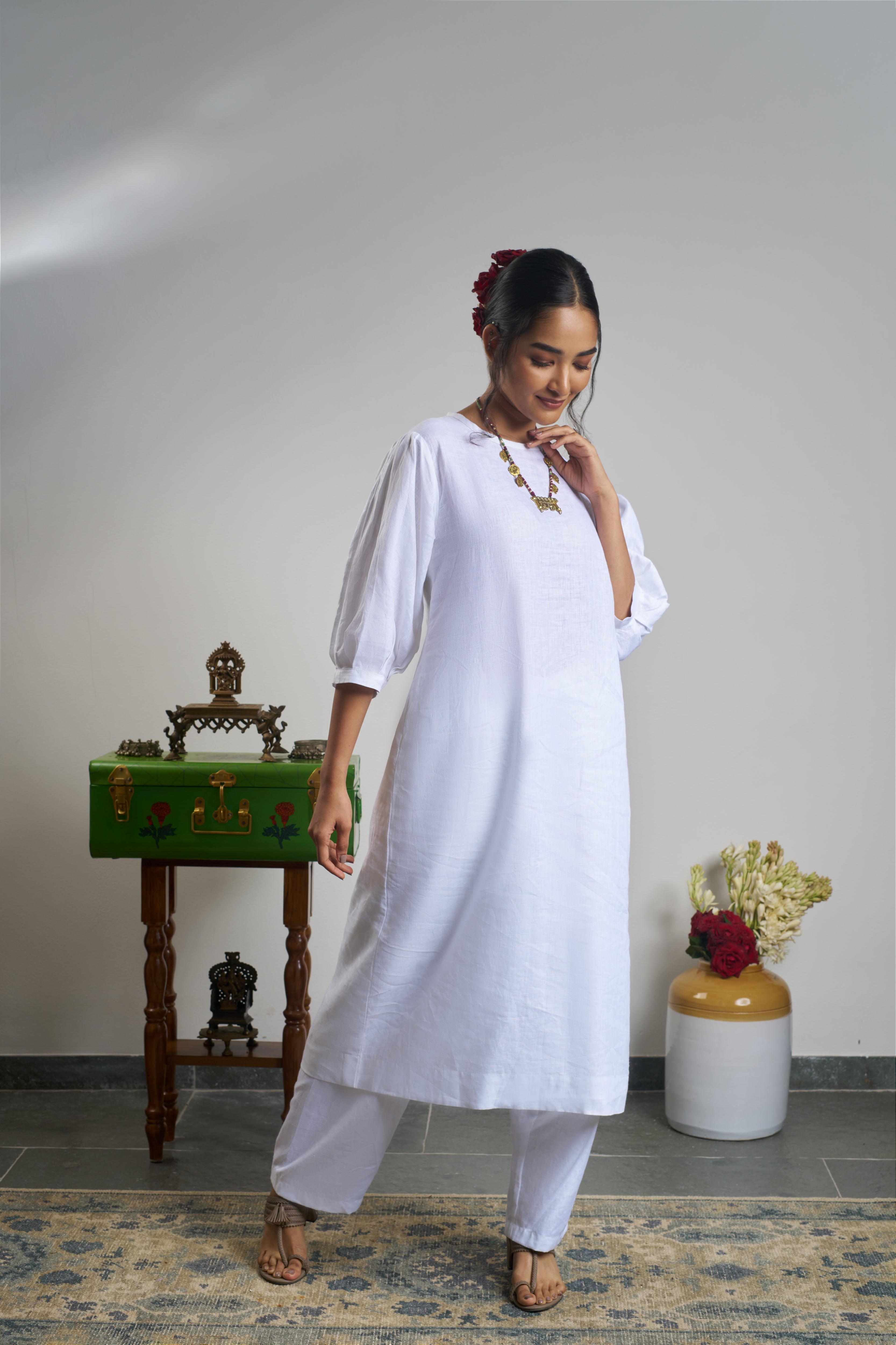 Woman in a white outfit. linen co-ord sets India, Womens linen fashion shop online