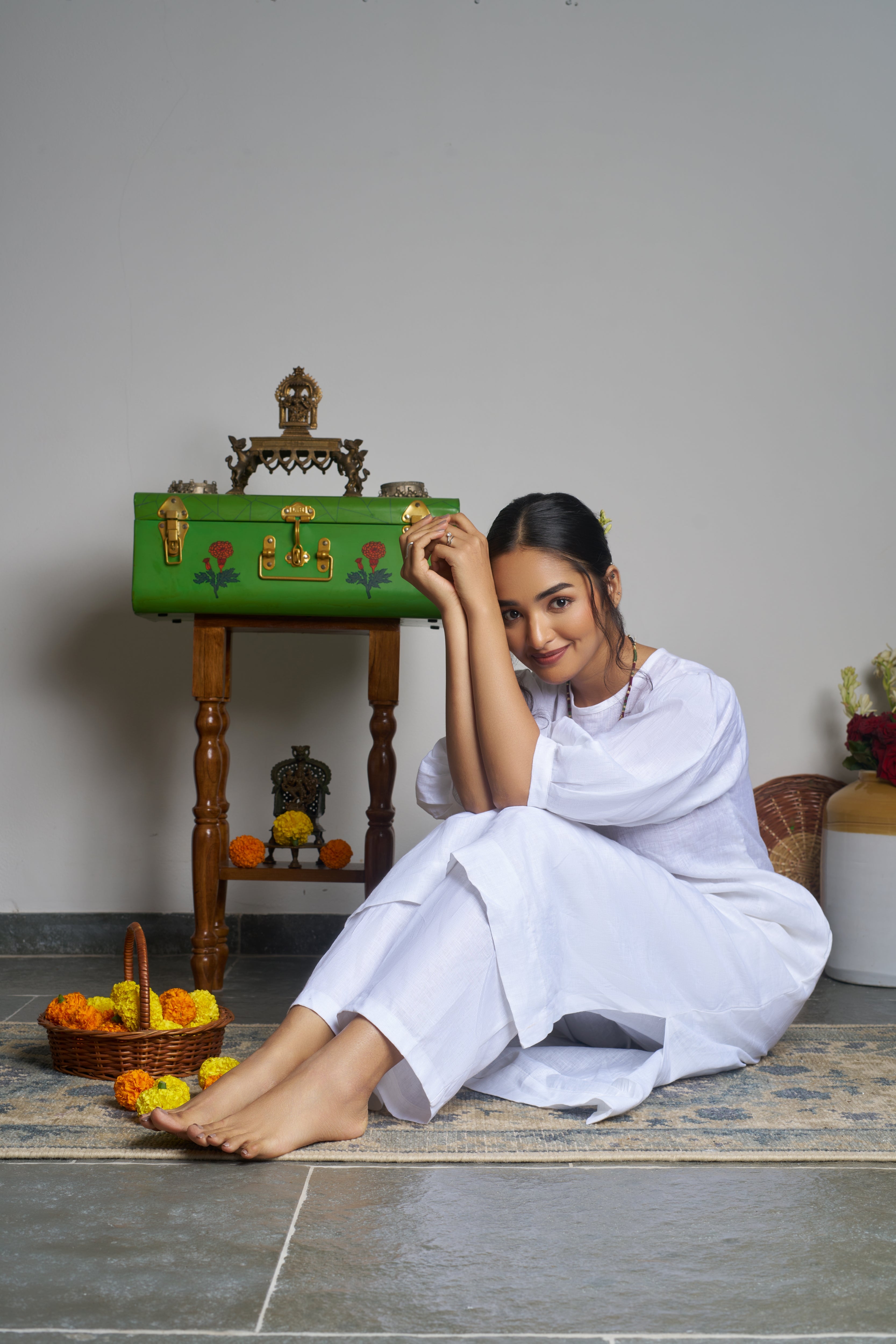 Woman in a white outfit. linen co-ord sets India, Womens linen fashion shop online