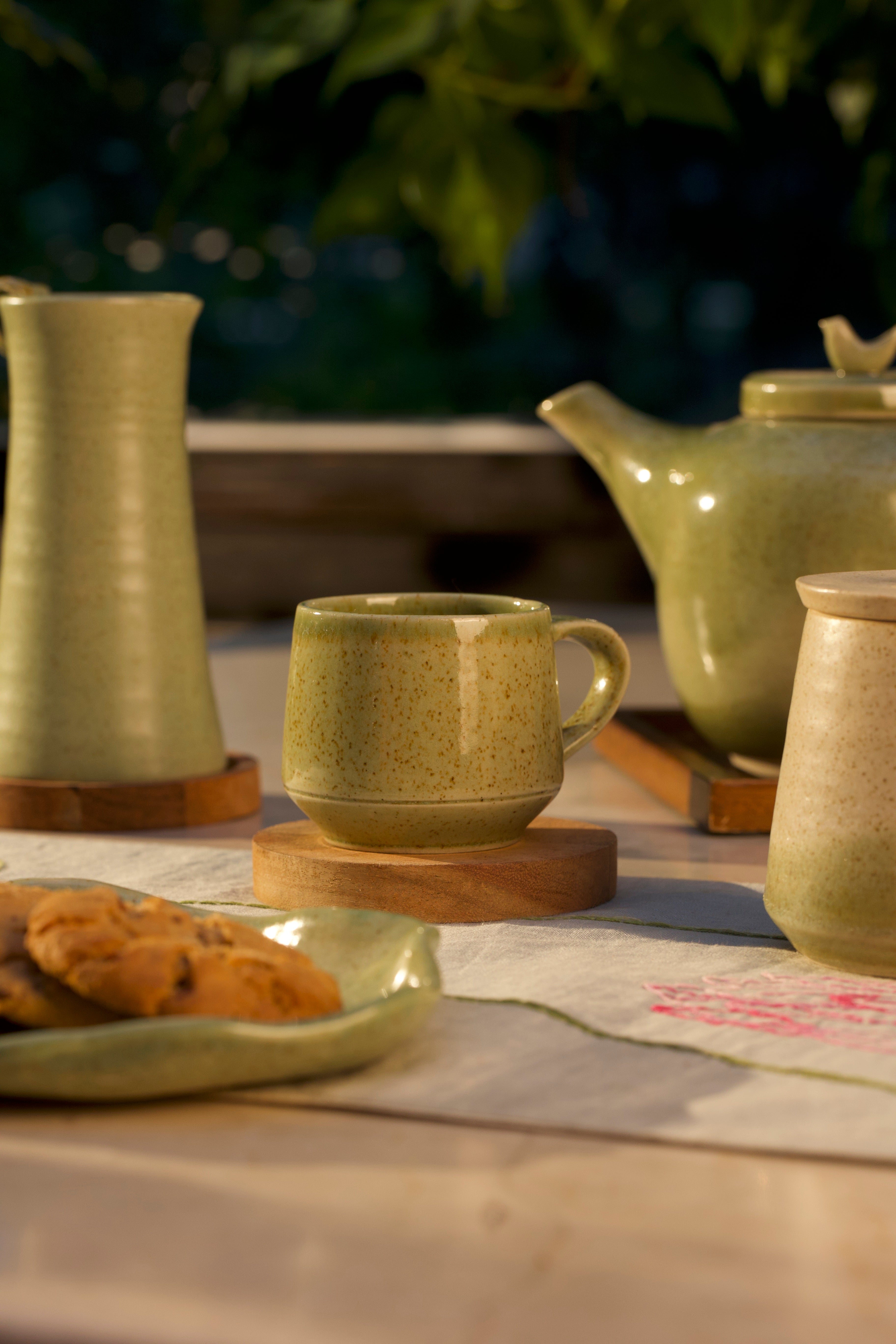 Green ceramic teacup, handmade tea sets India, handmade serving bowls IndiaTea