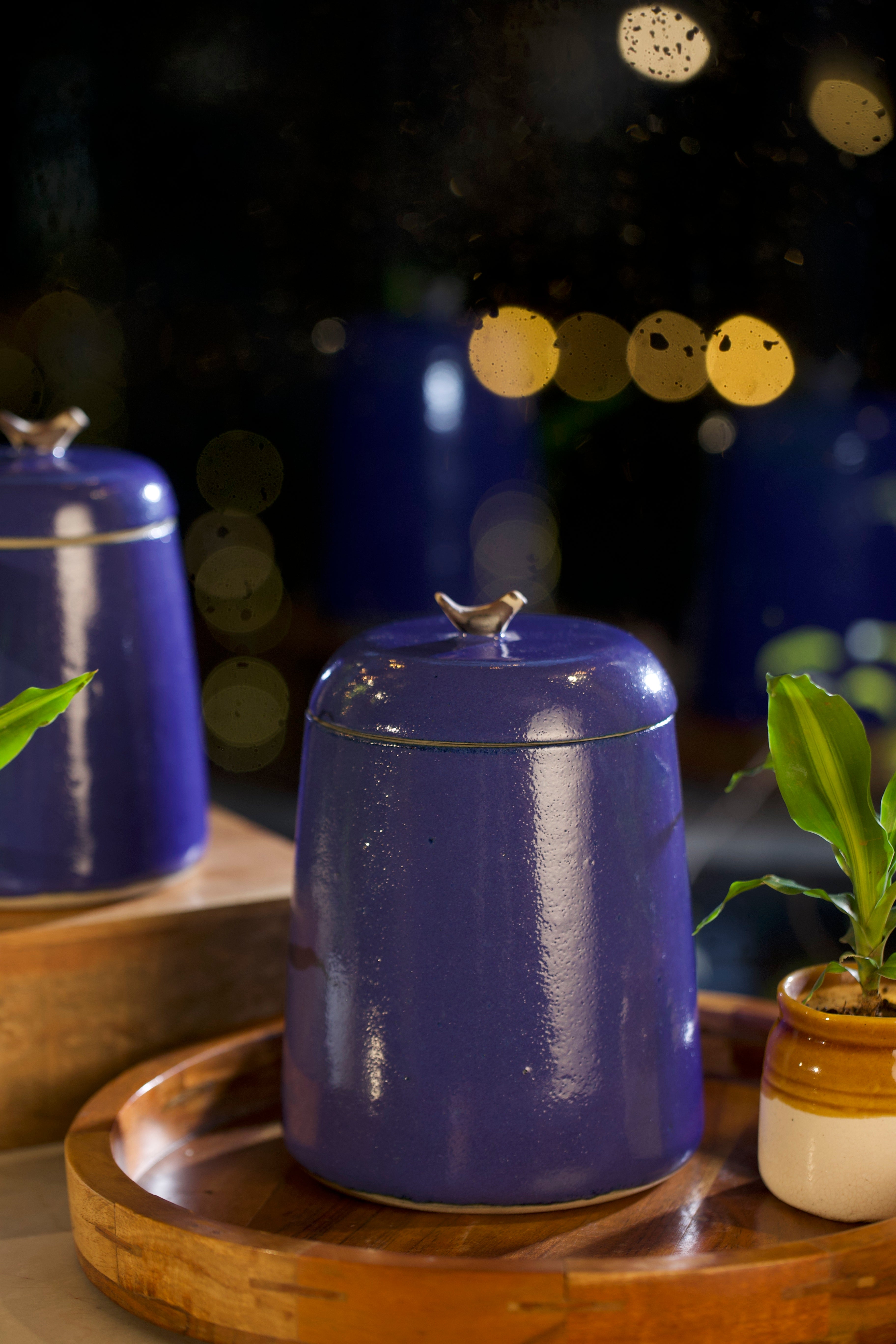 A blue ceramic containers with lids on a wooden tray, pottery home decor,handmade serveware online