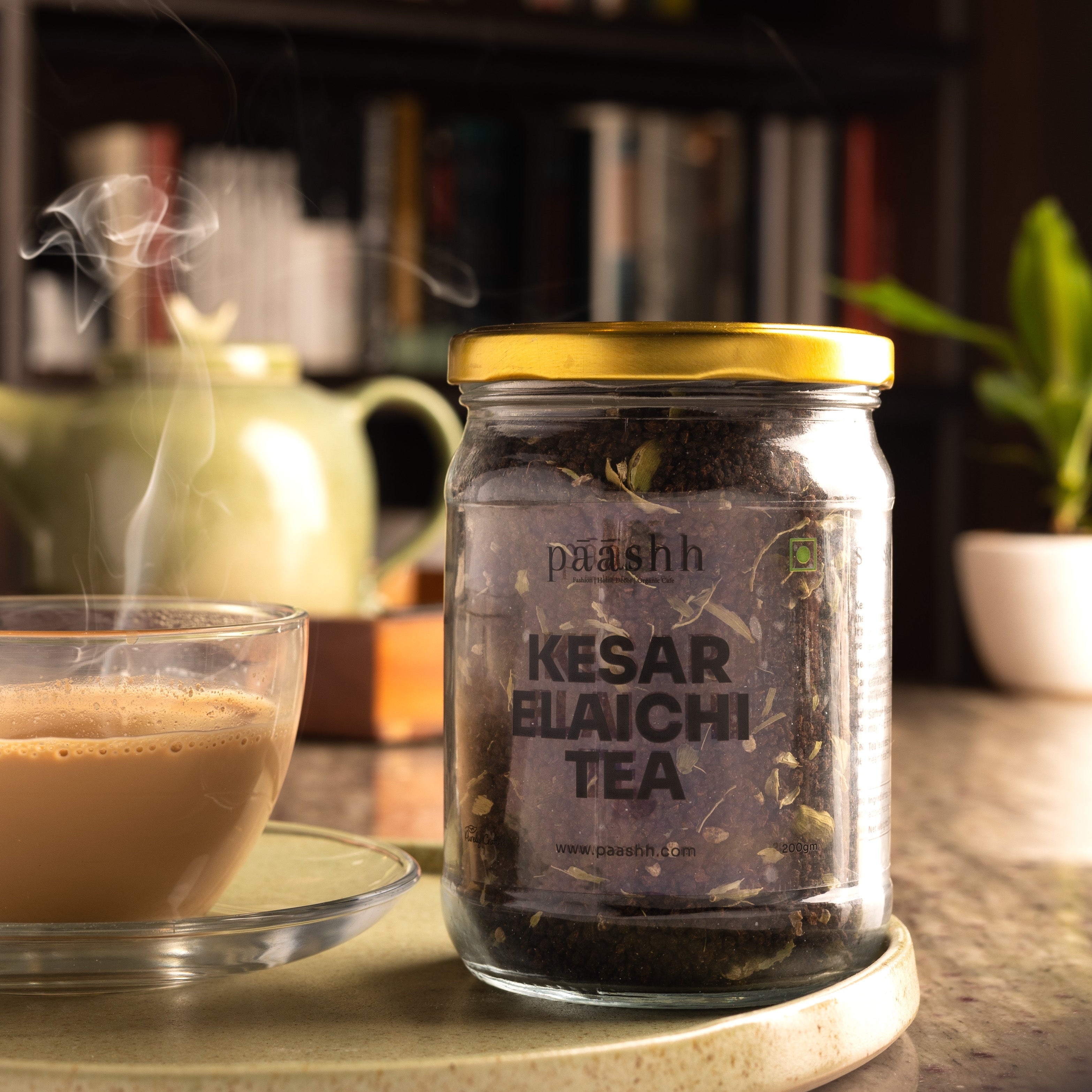 Jar of Paashh Kesar Elaichi Tea, organic herbal teas India, healthy pantry staples India