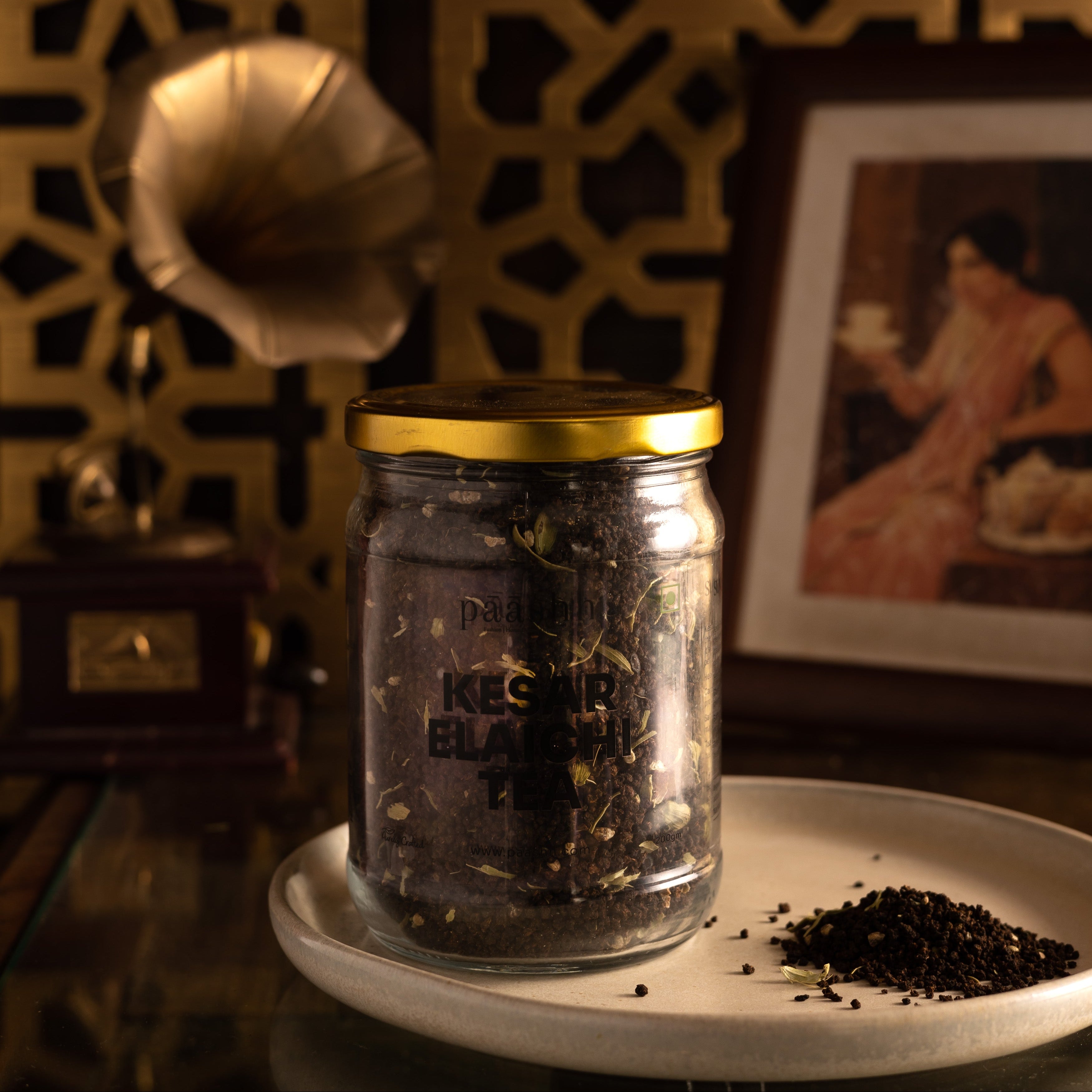 Jar of Paashh Kesar Elaichi Tea, organic herbal teas India, healthy pantry staples India