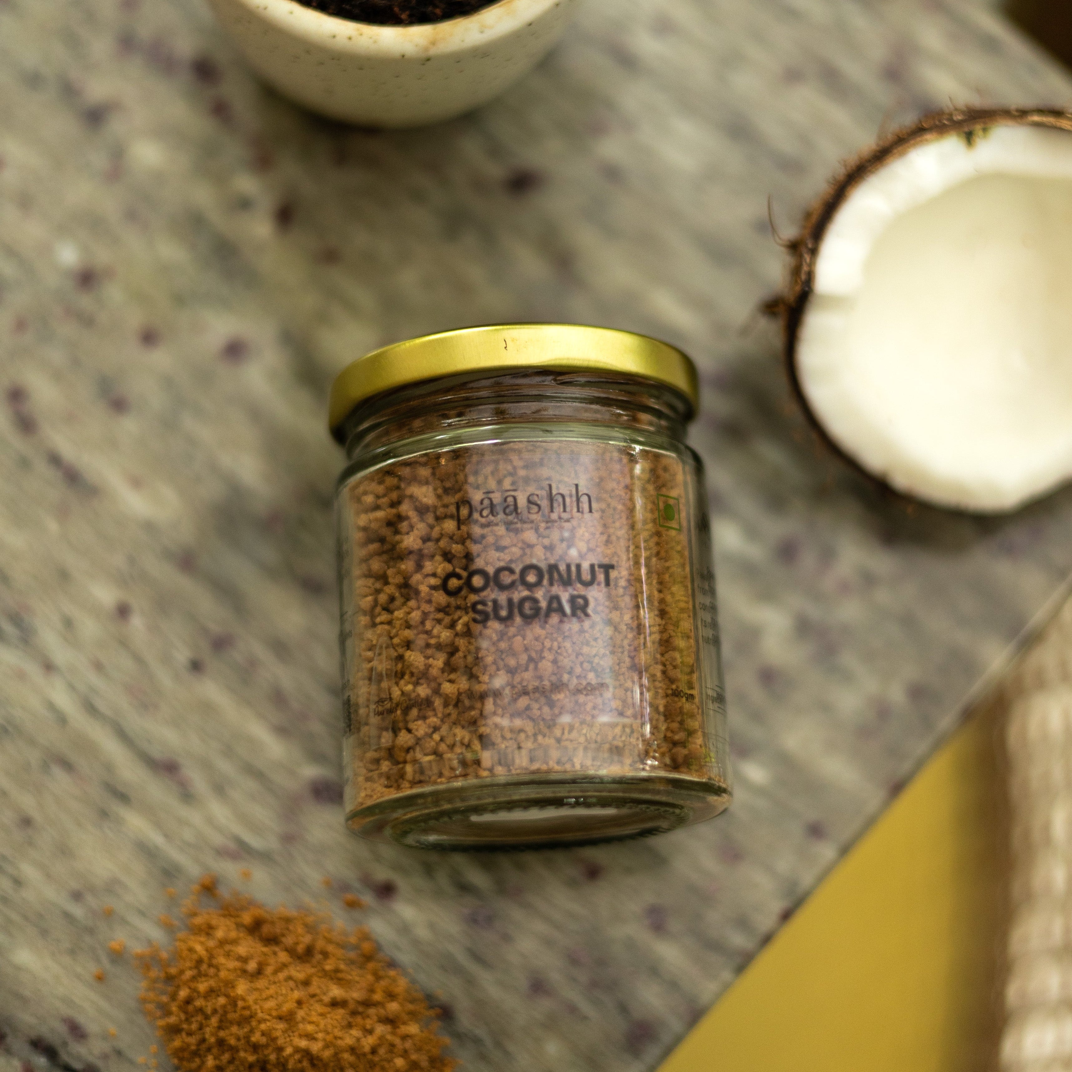 Jar of Paashh coconut sugar,  natural sweeteners India, Natural sweeteners shop online