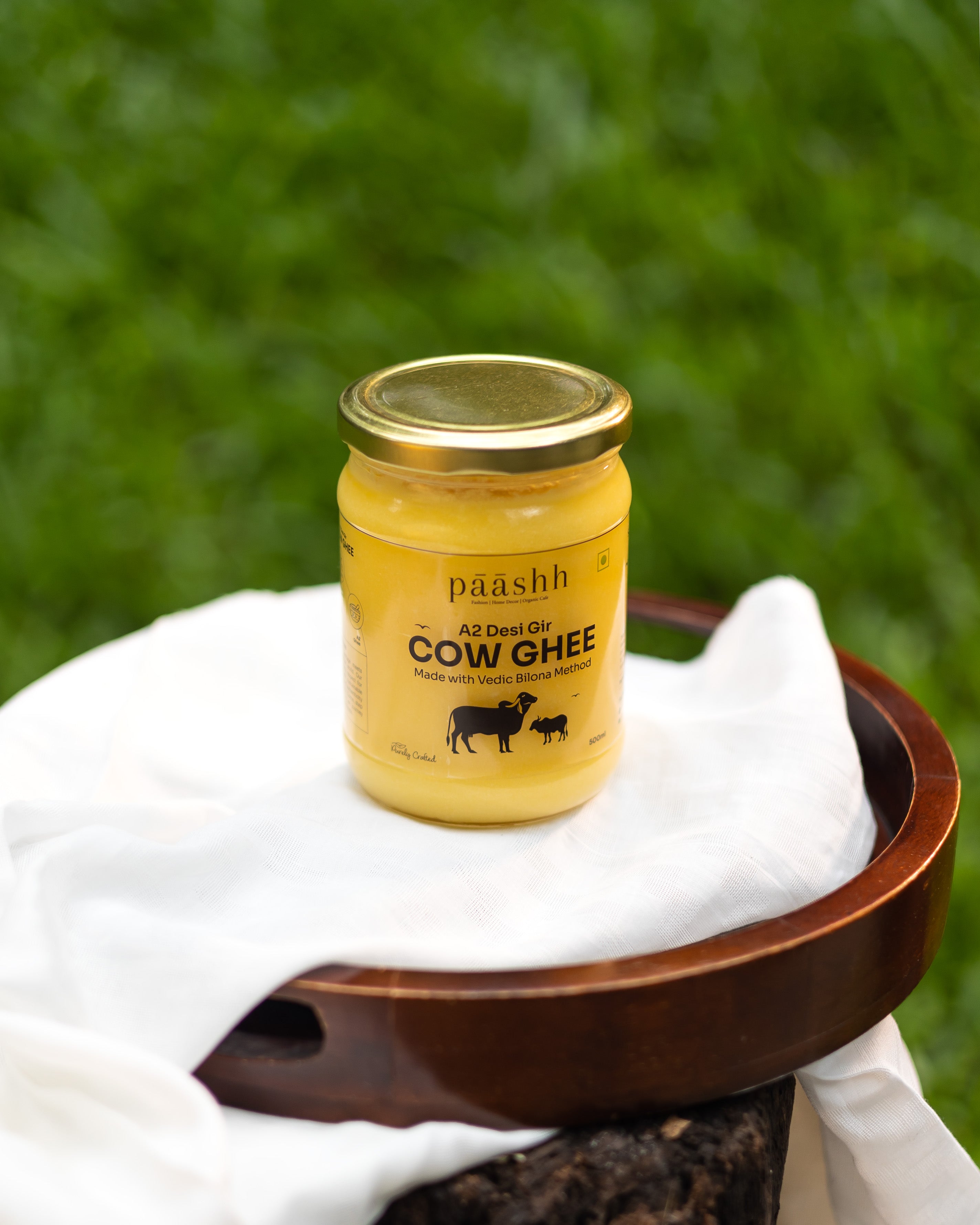 Jar of Paashh A2 desi Gir cow ghee, organic kitchen ingredients, Organic ghee shop online