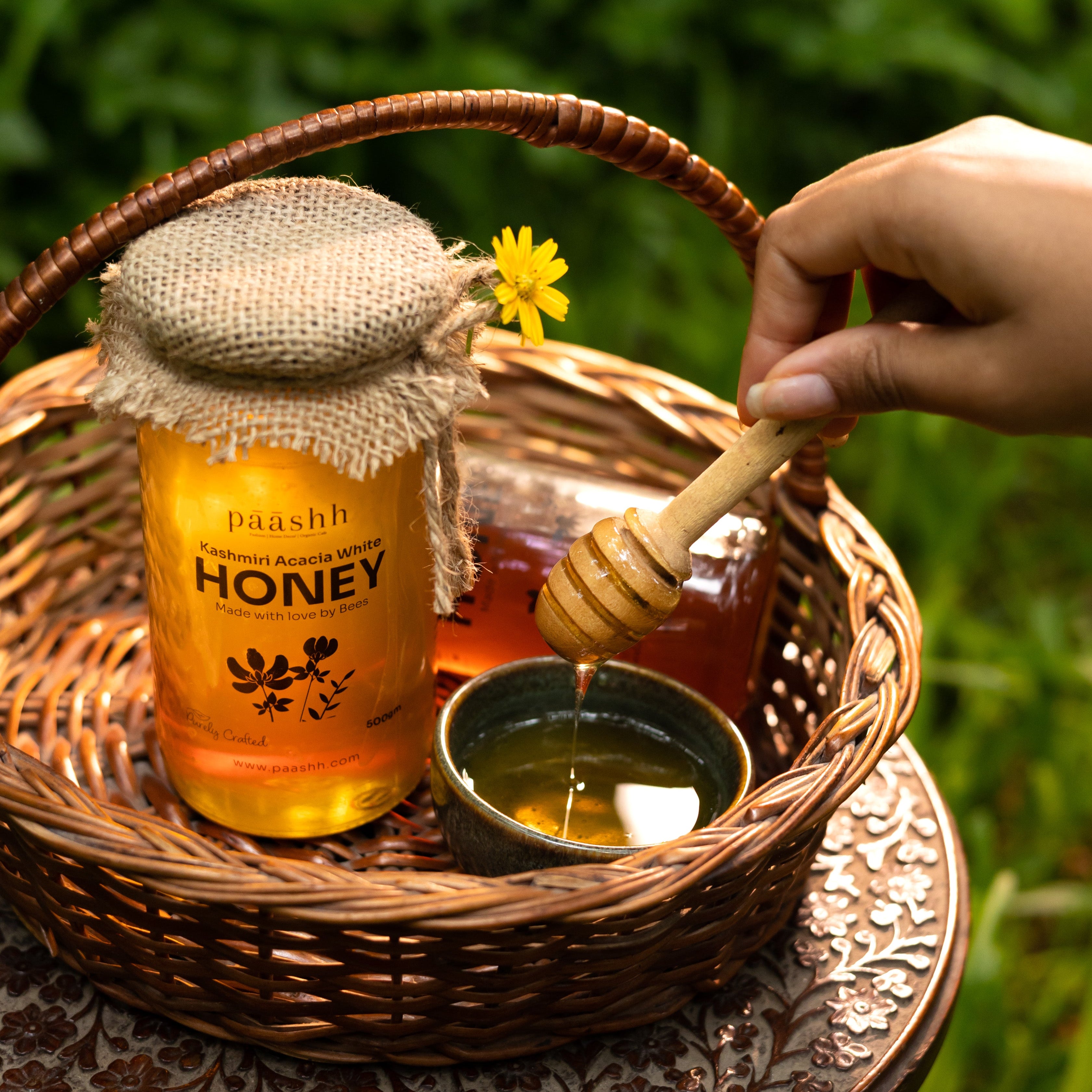 Jar of Paashh Kashmiri Acacia White honey, natural sweeteners India, small-batch honey India