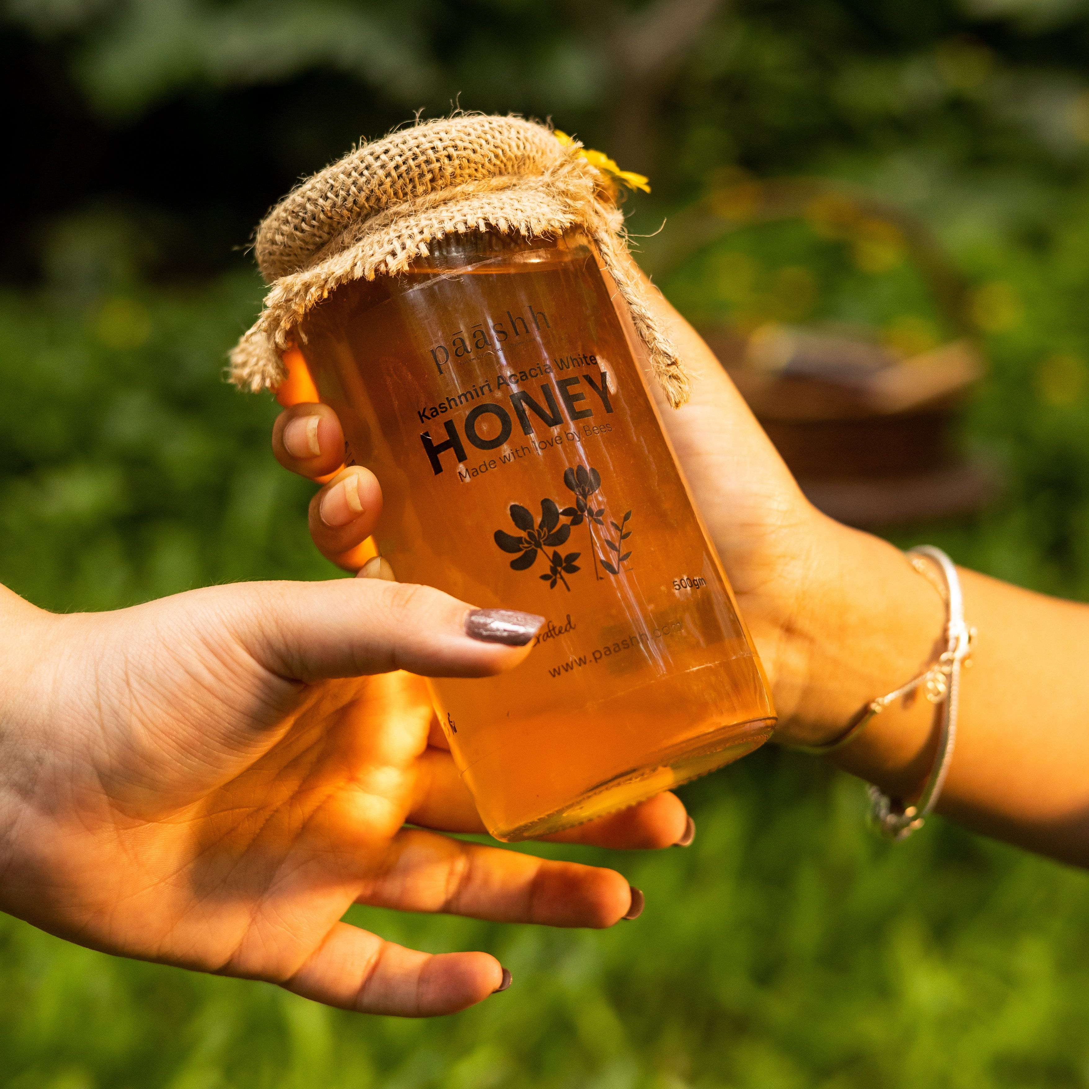 Hands holding a jar of paashh kashmiri acacia white honey, natural sweeteners India, small-batch honey India