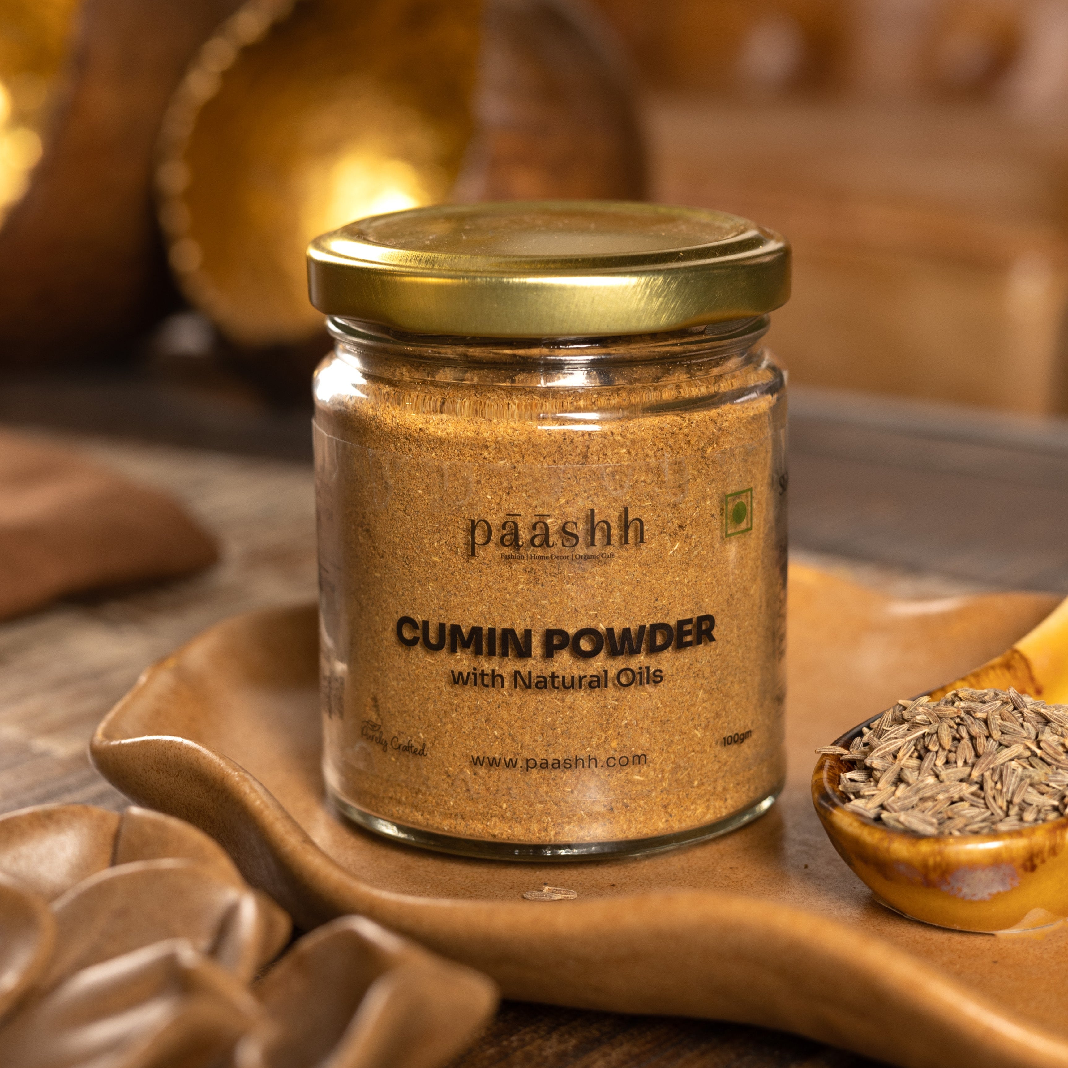 Jar of paashh cumin powder, organic spices India, organic kitchen ingredients
