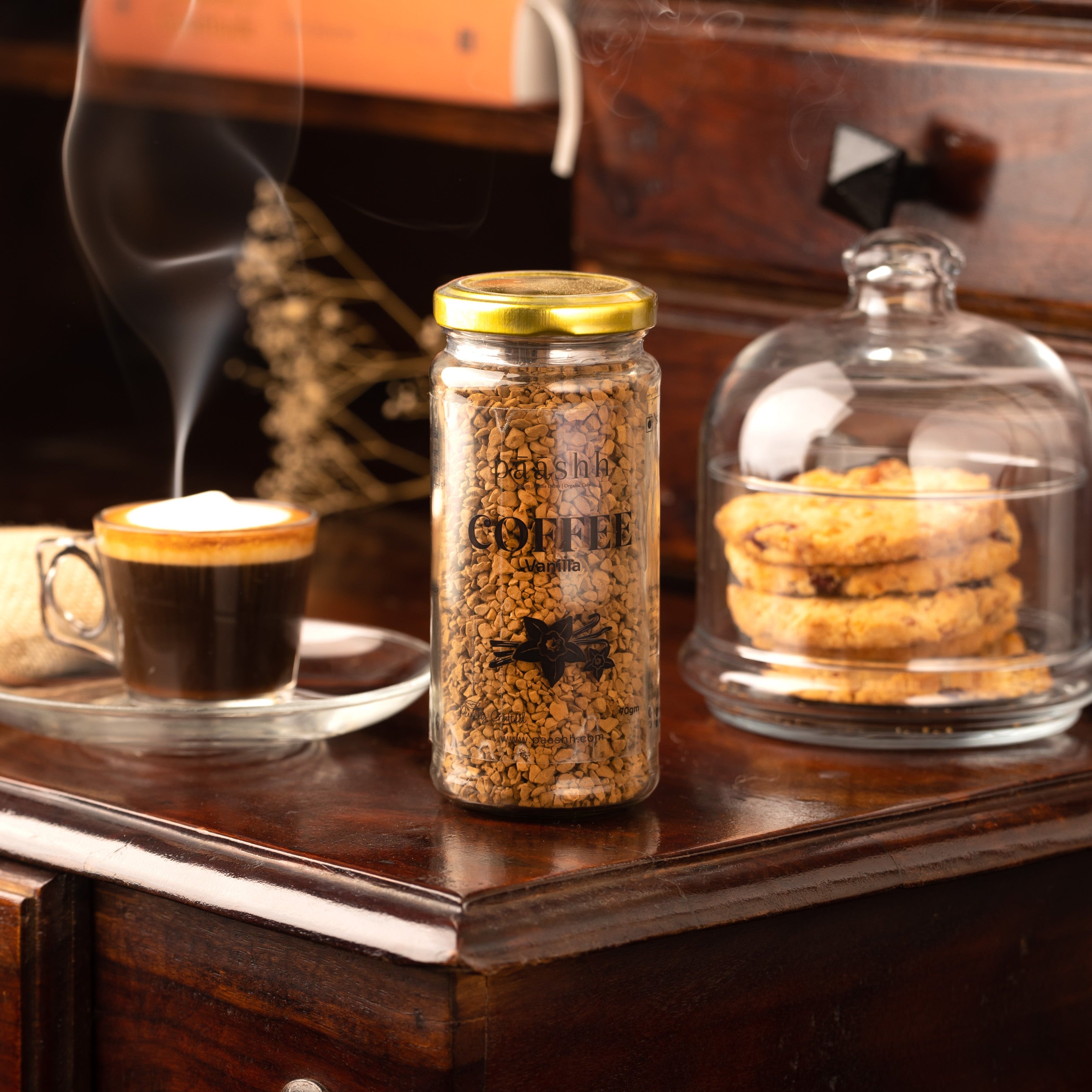 Jar of Paashh vanilla coffee grounds, artisanal coffee beans India, farm-to-jar products India