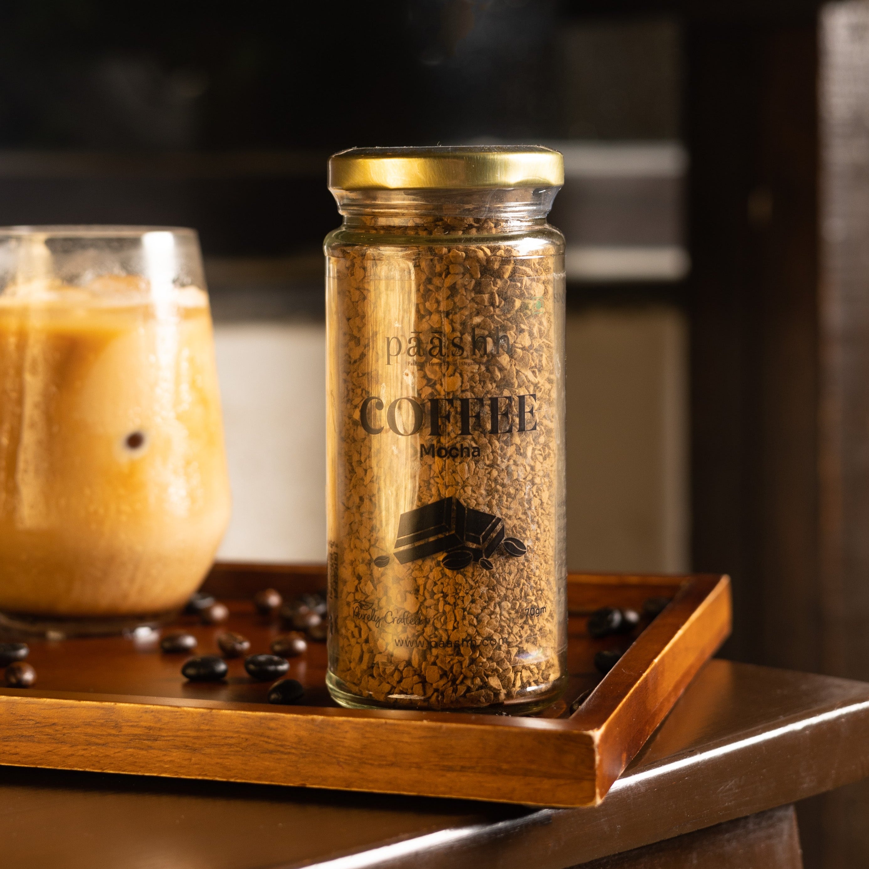 Jar of Paashh mocha coffee grounds, artisanal coffee beans India, farm-to-jar products India