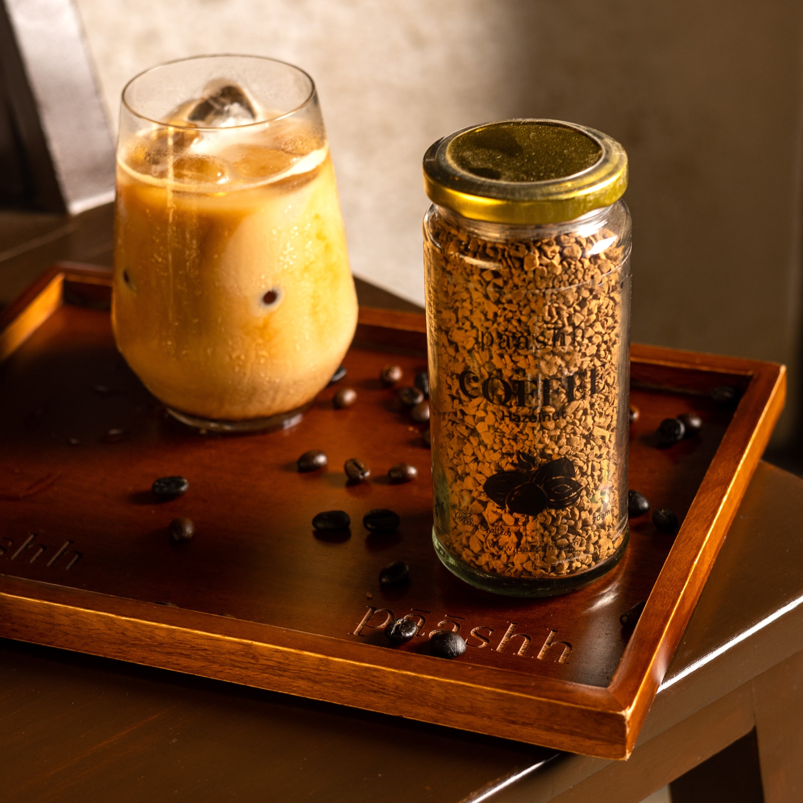 Jar of Paashh hazelnut coffee, artisanal coffee beans India, farm-to-jar products India