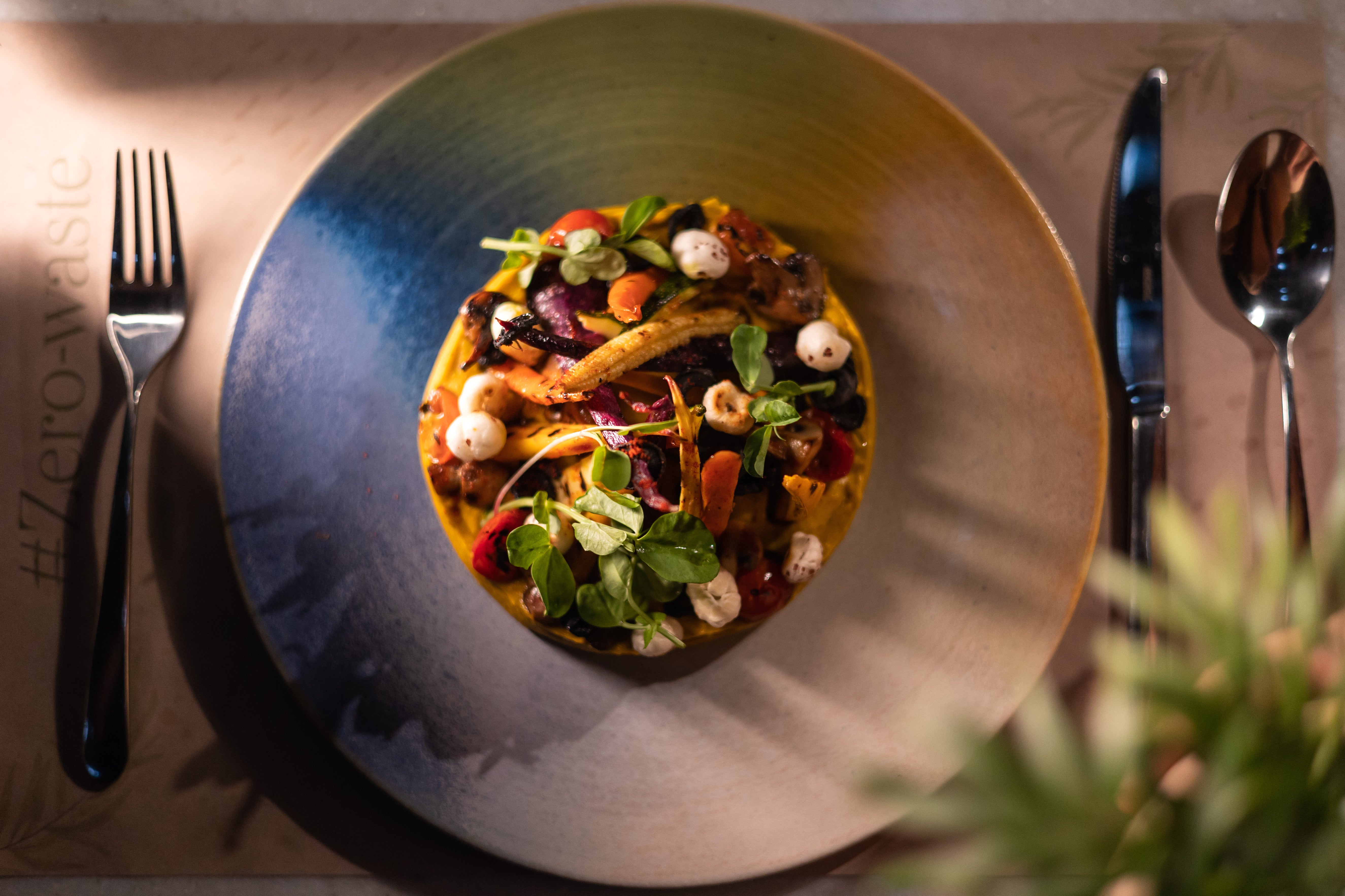 Delicate dish on a plate with cutlery, Plated food on a plate with cutlery,  vegan cafés in Mumbai, sustainable cafés in Bandra, garden cafés in Pune