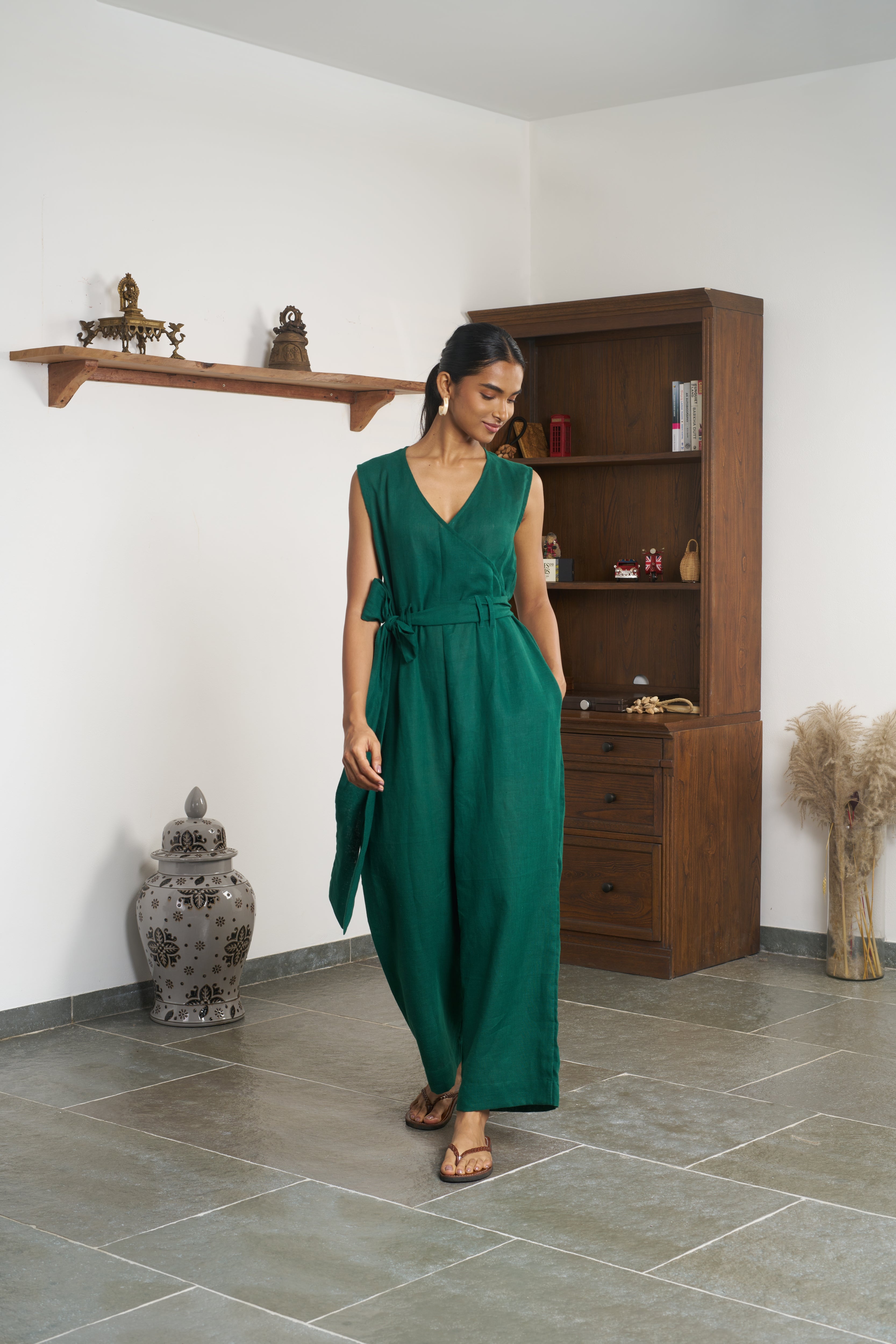Woman in a green jumpsuit. Casual linen fashion, Womens resort wear mumbai