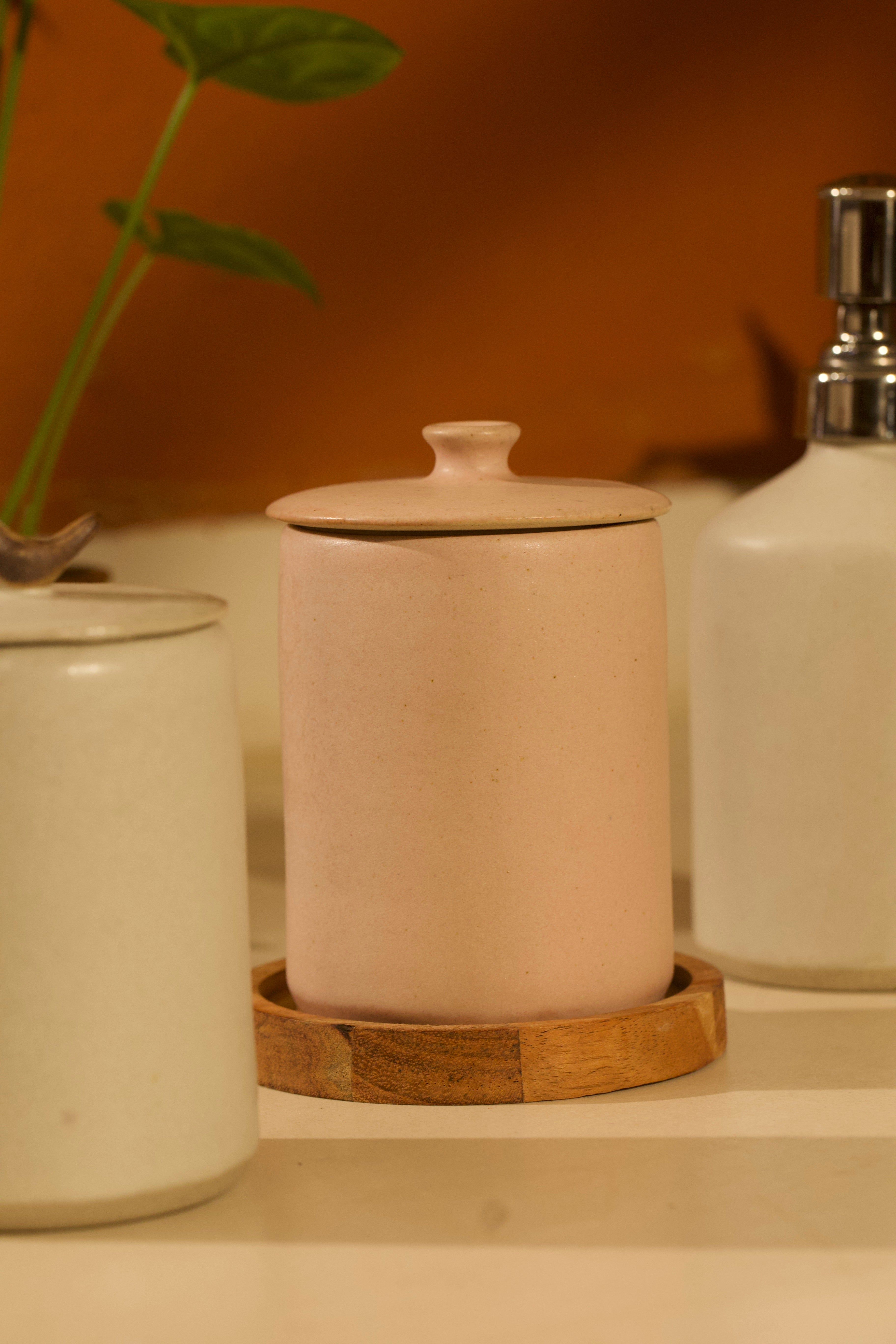 Three ceramic containers on a wooden tray, ceramic home décor online, pottery home decor