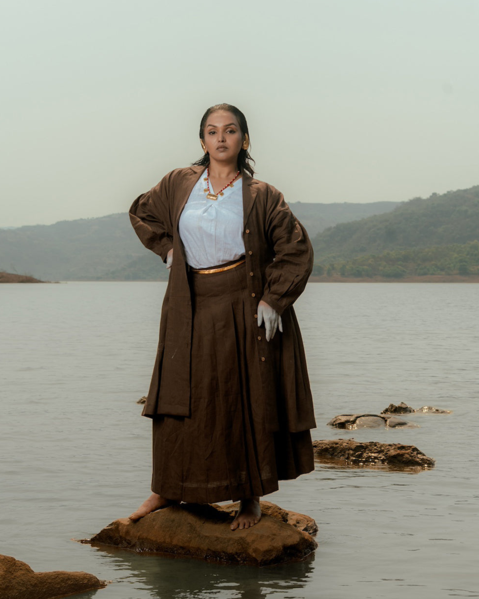 Woman in a long brown coat, Womens linen fashion shop online,
 women’s linen clothing India,
 100% linen clothes India
