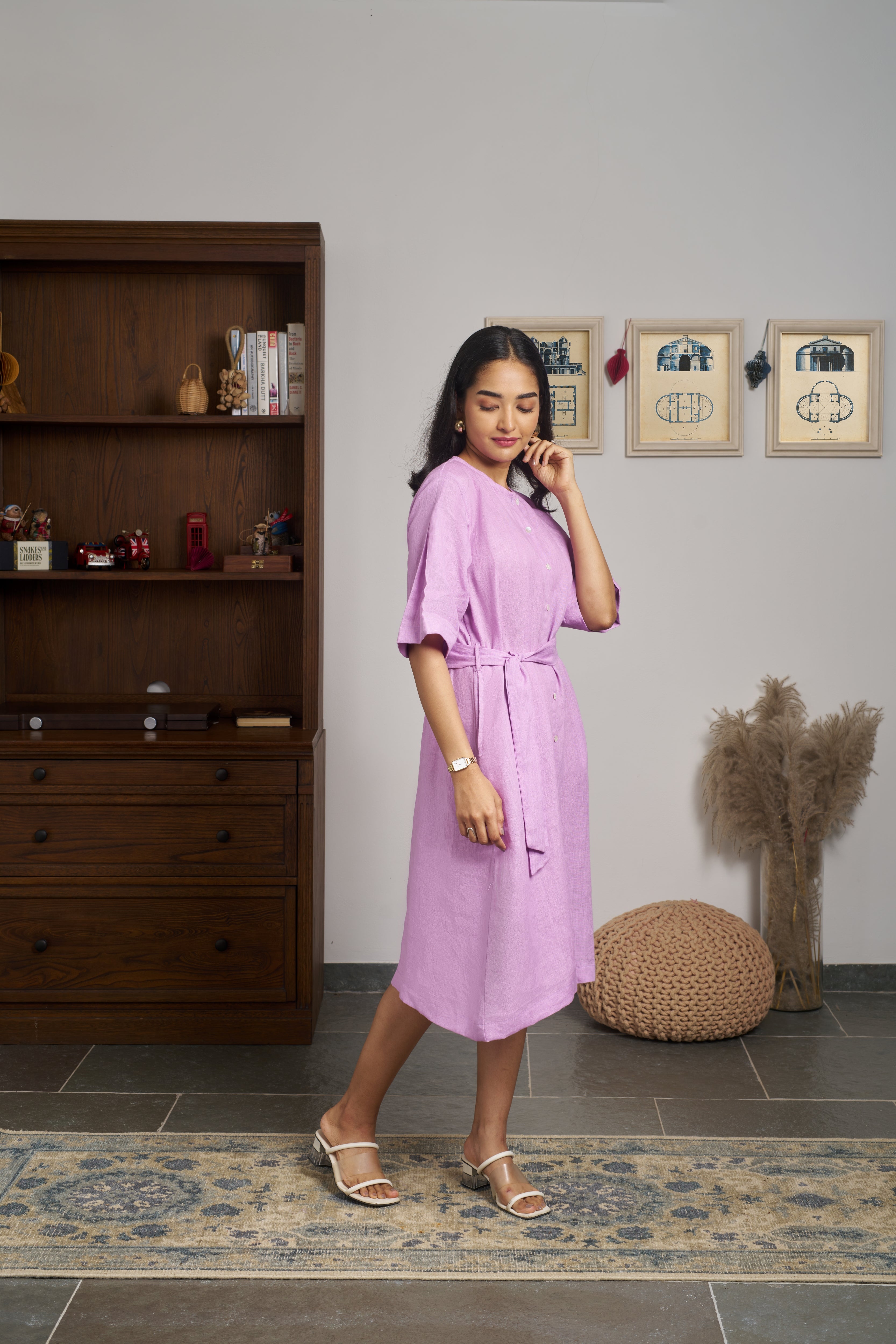 Woman in a pink dress. Womens resort wear mumbai, linen dresses shop online
