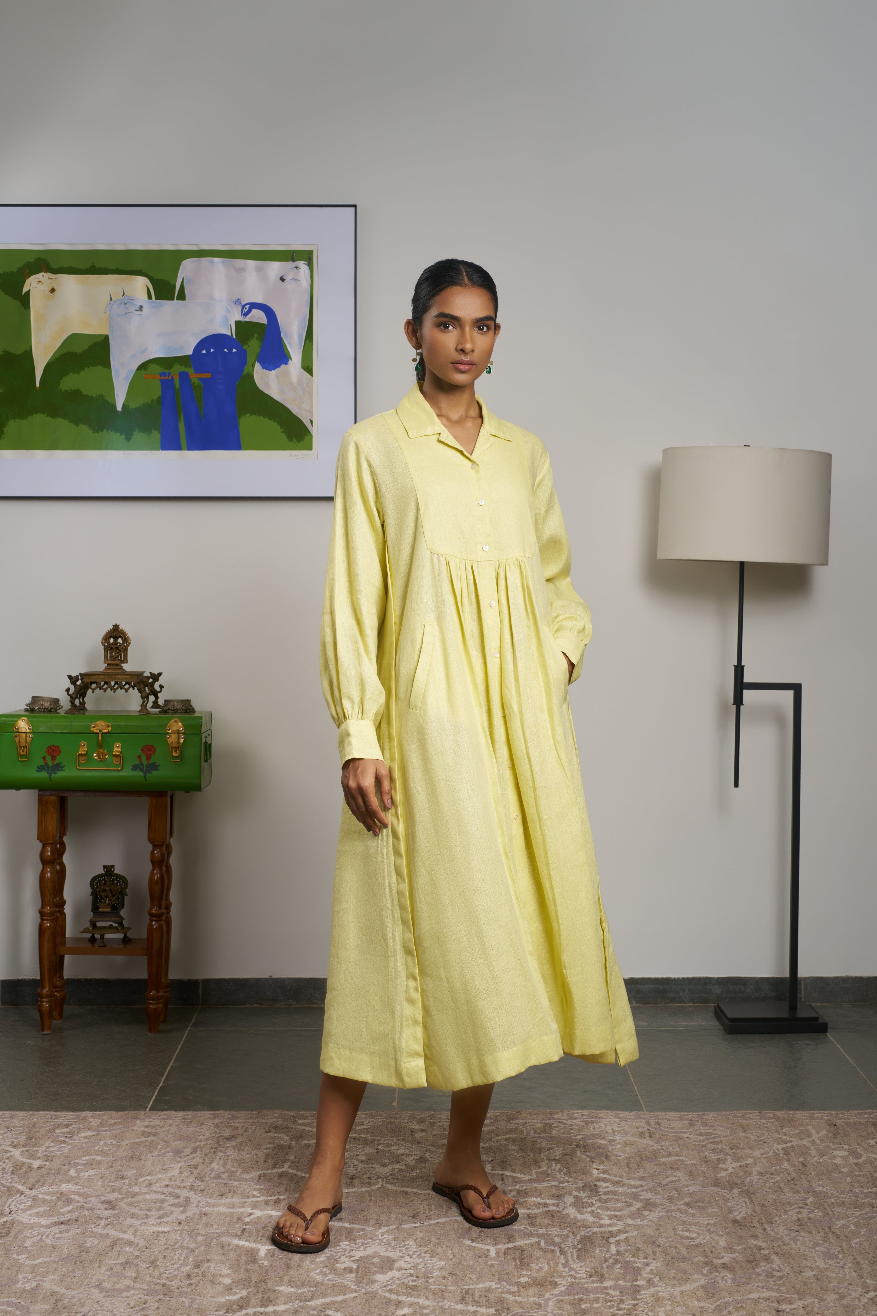 Woman in a yellow dress. linen dresses for women India, comfortable linen dresses India
