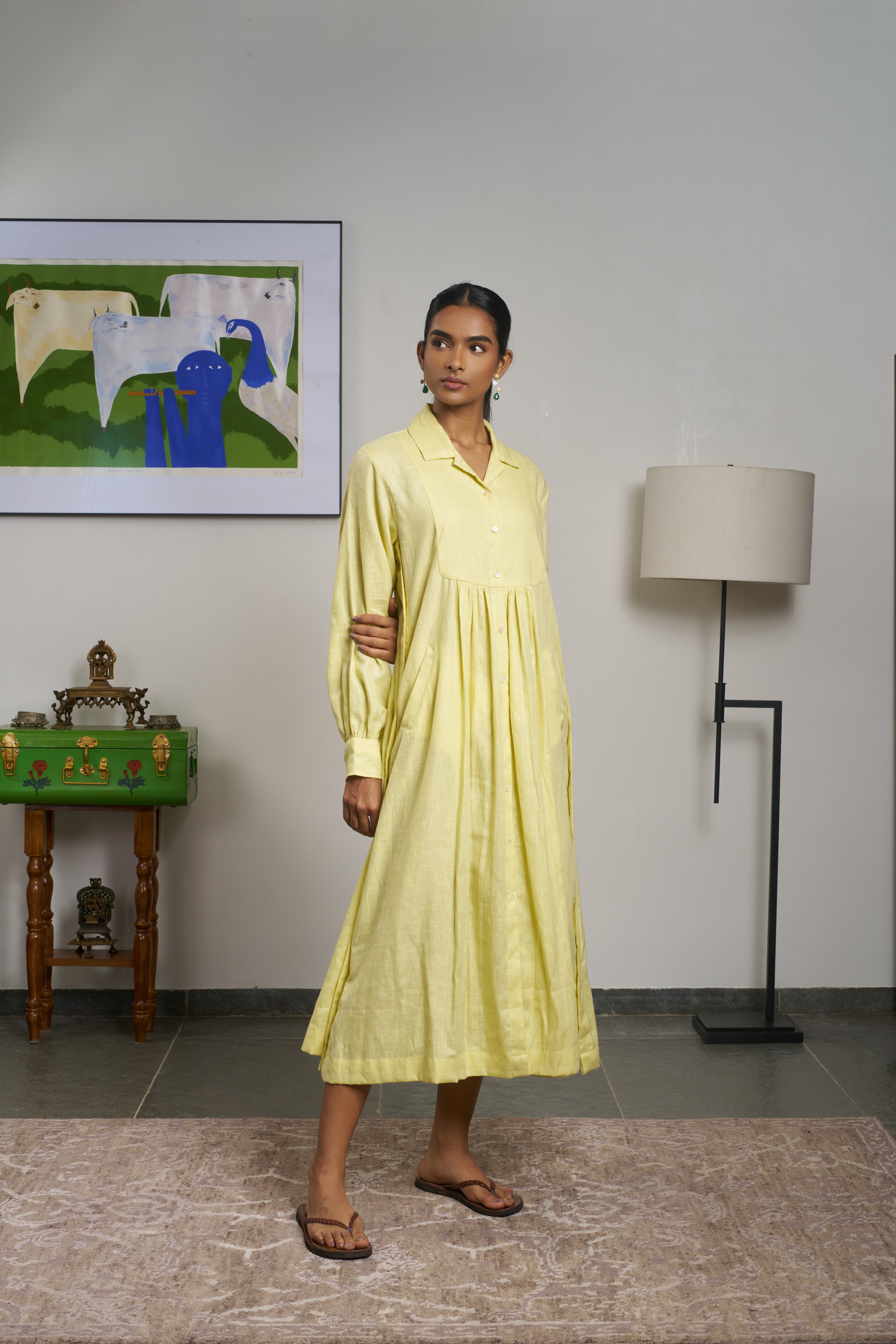 Woman in a yellow dress. linen dresses for women India, comfortable linen dresses India
