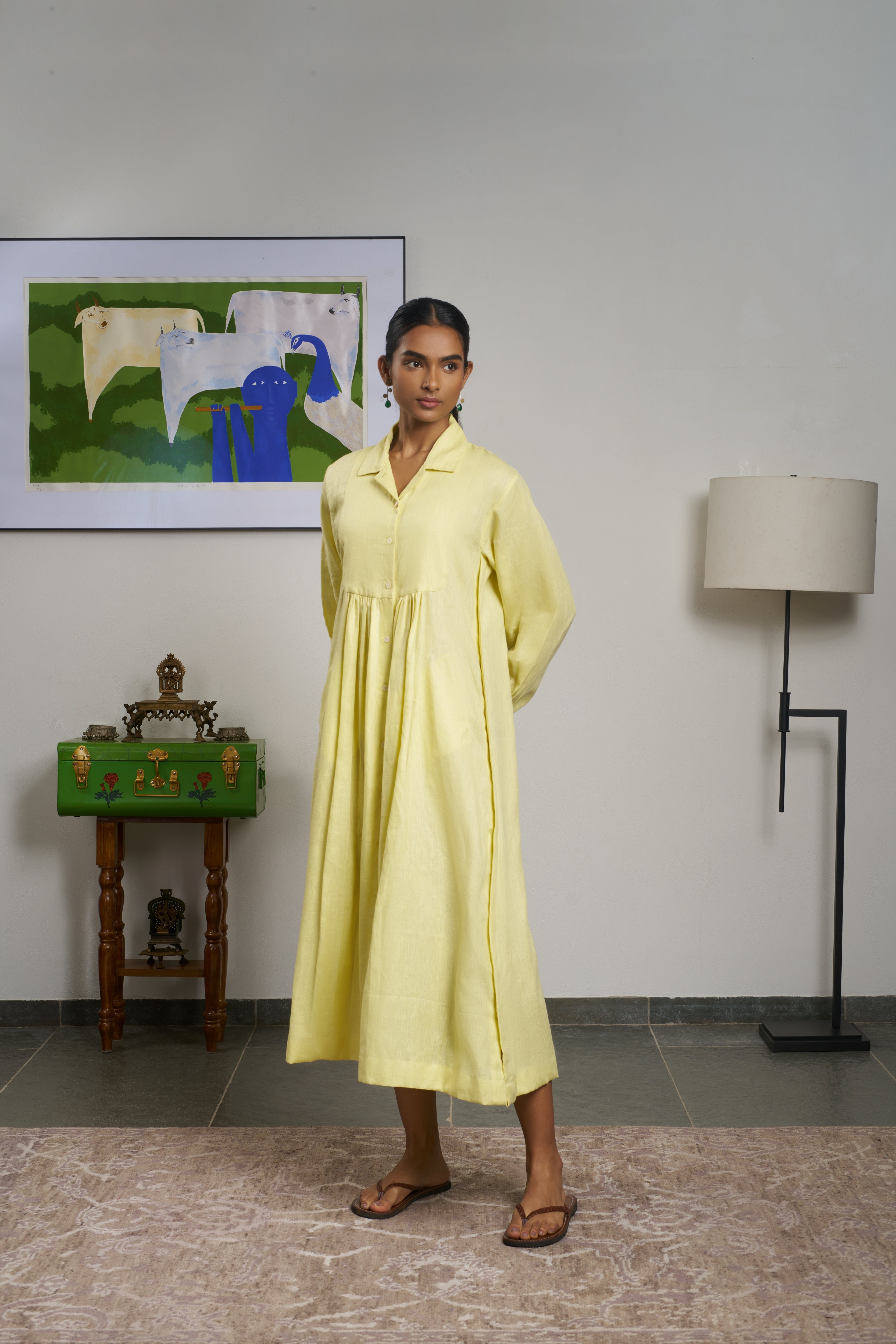 Woman in a yellow dress. linen dresses for women India, comfortable linen dresses India
