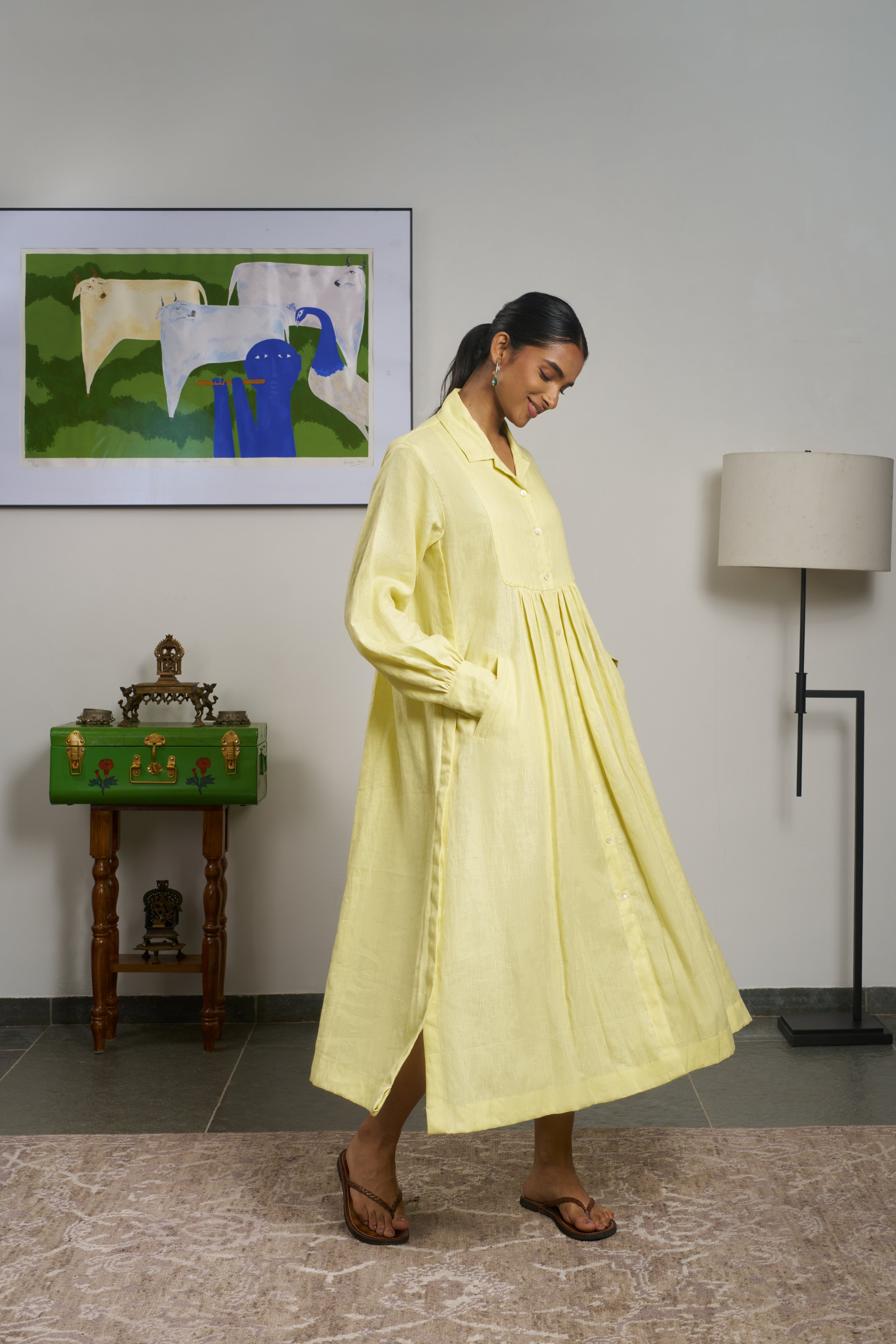 Woman in a yellow dress. linen dresses for women India, comfortable linen dresses India
