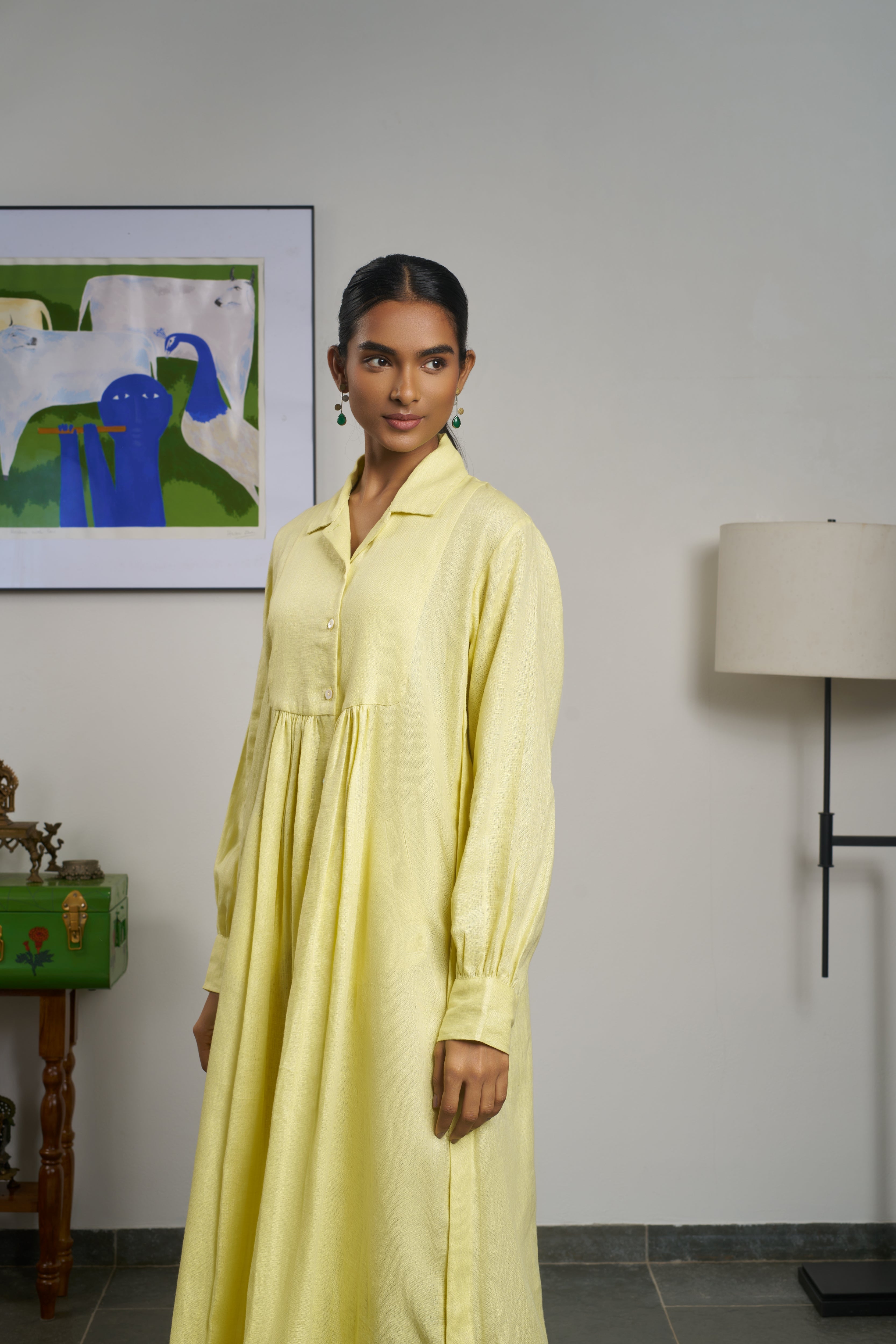 Woman in a yellow dress. linen dresses for women India, comfortable linen dresses India
