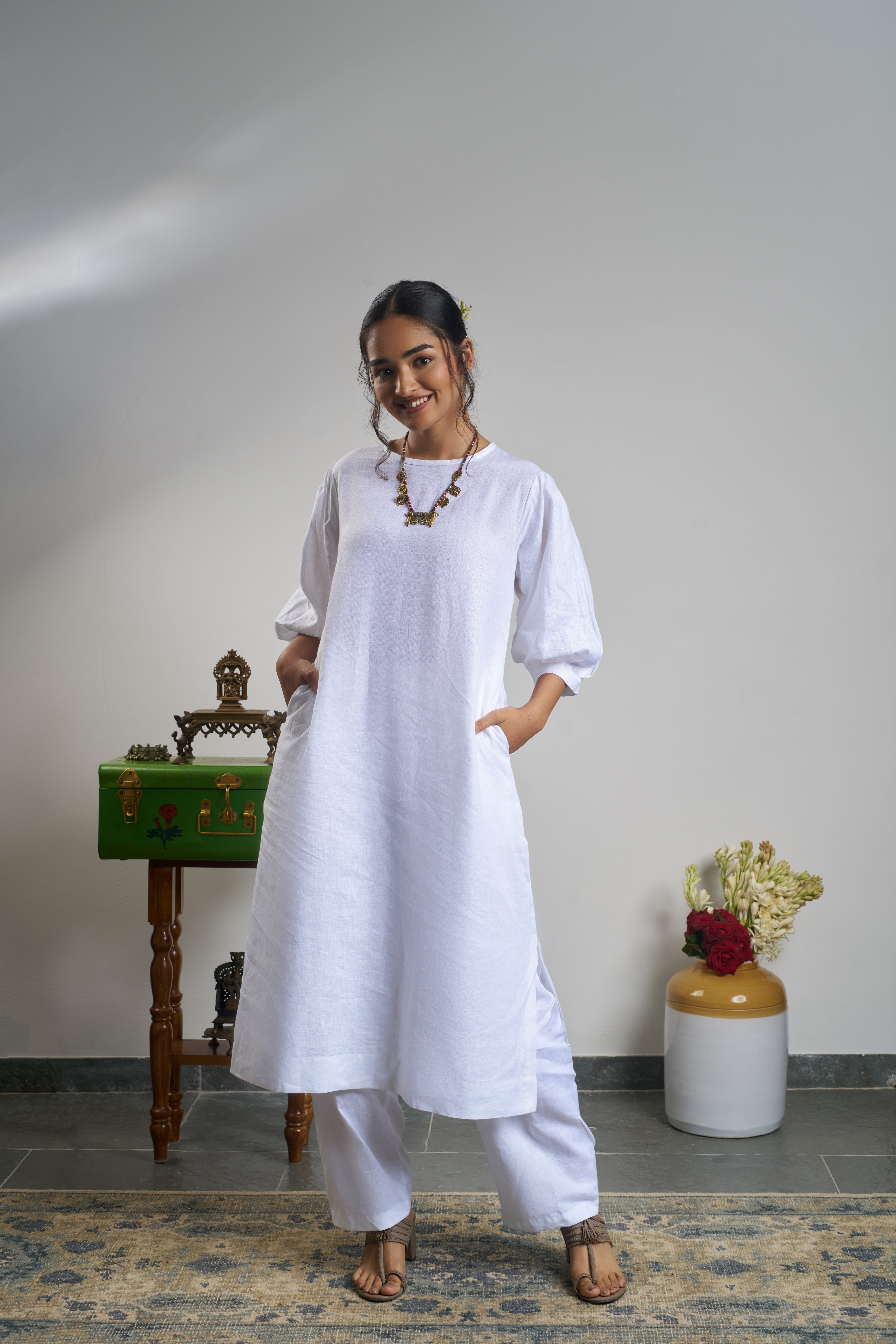 Woman in a white outfit.  linen co-ord sets India, Womens linen fashion shop online