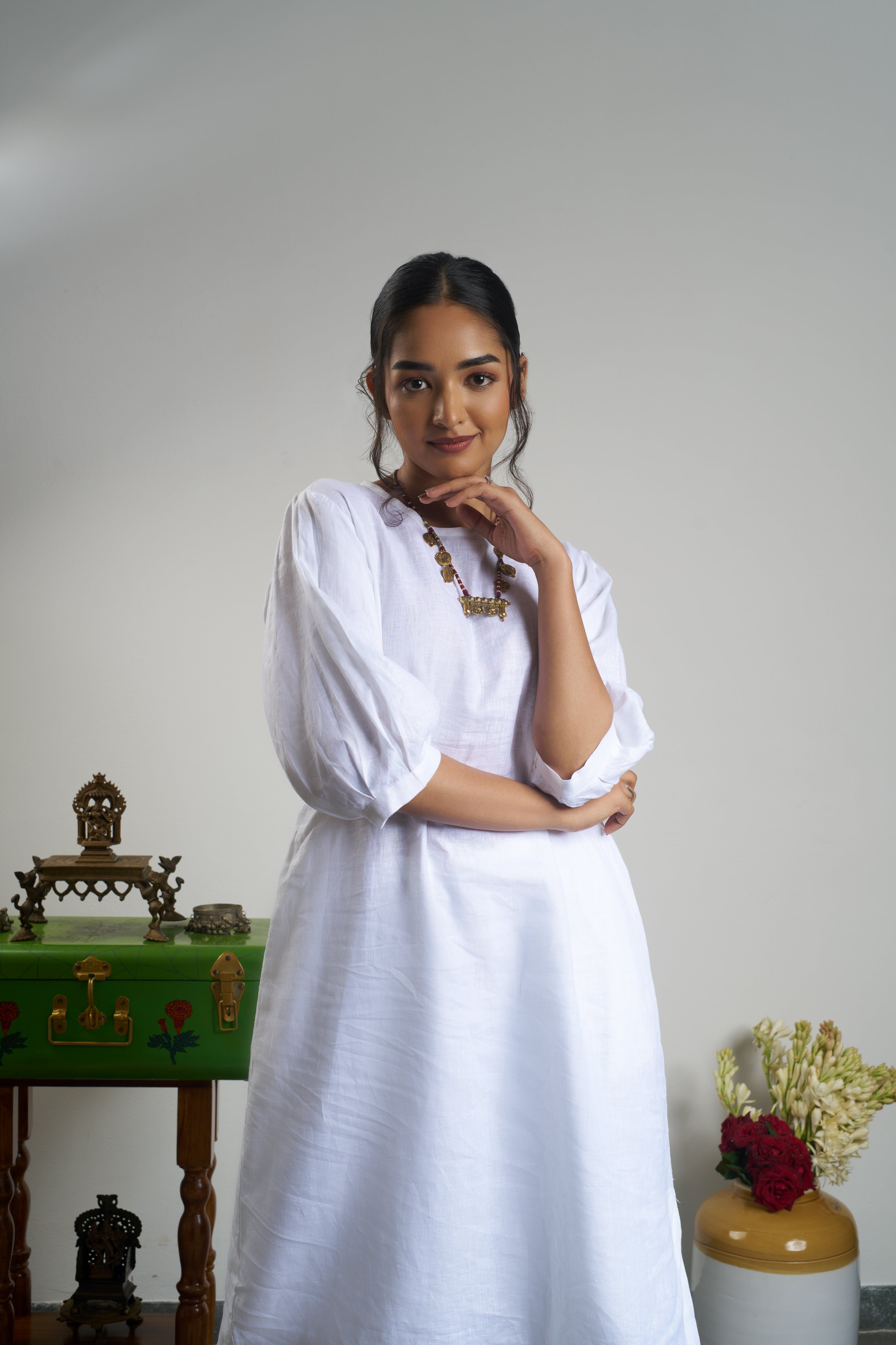 Woman in a white outfit.  linen co-ord sets India, Womens linen fashion shop online