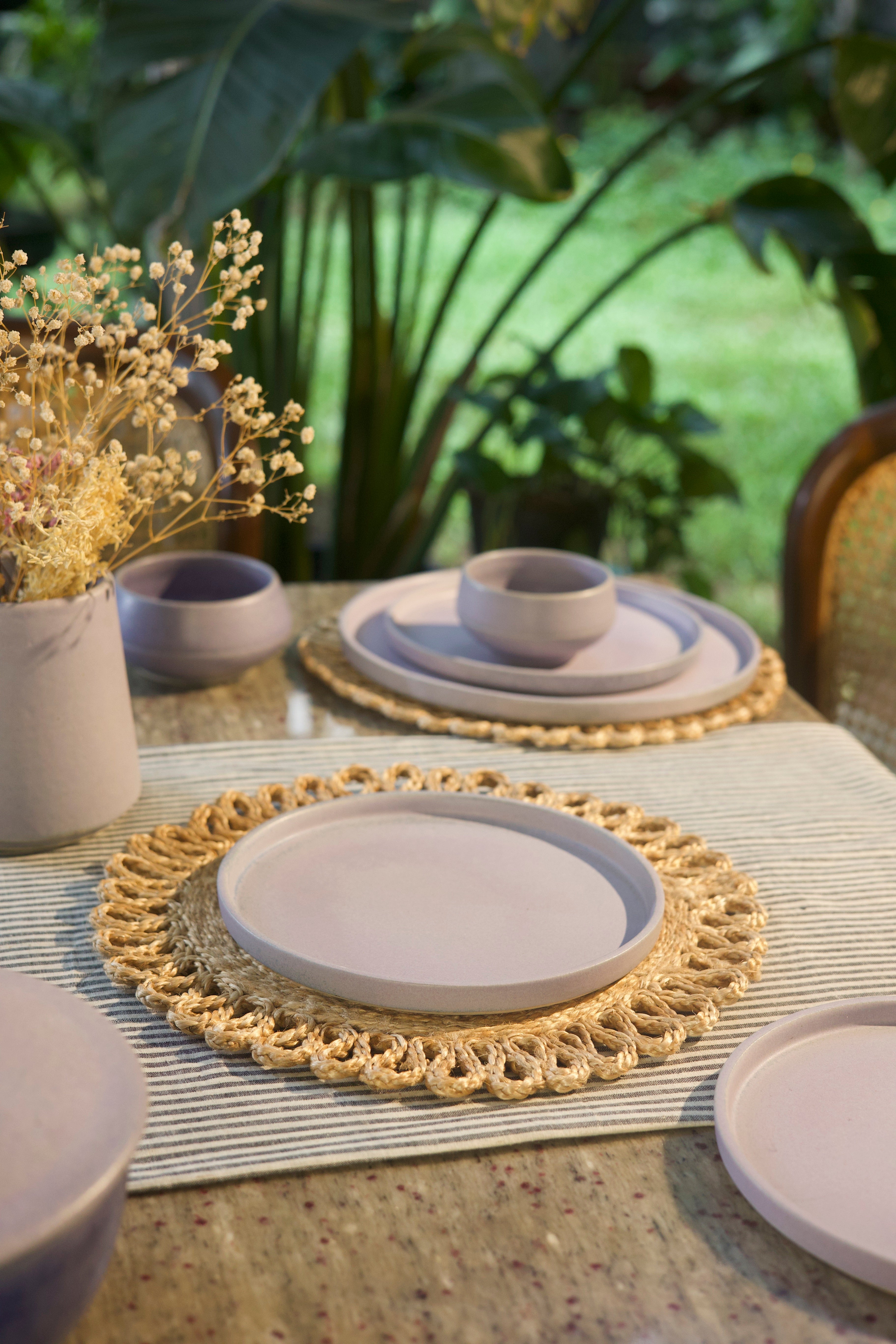 Pink dining plates, bowls, handmade dinnerware India, handcrafted plates and bowls